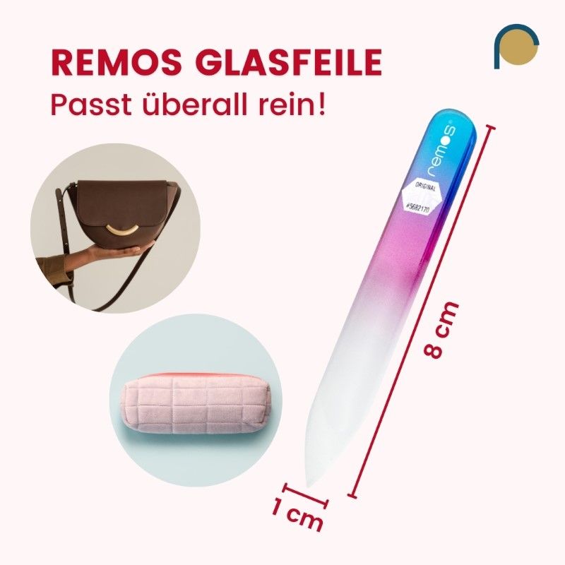 Glasnagelfeile, 8 cm lang, 1 cm breit. Passt überall rein.