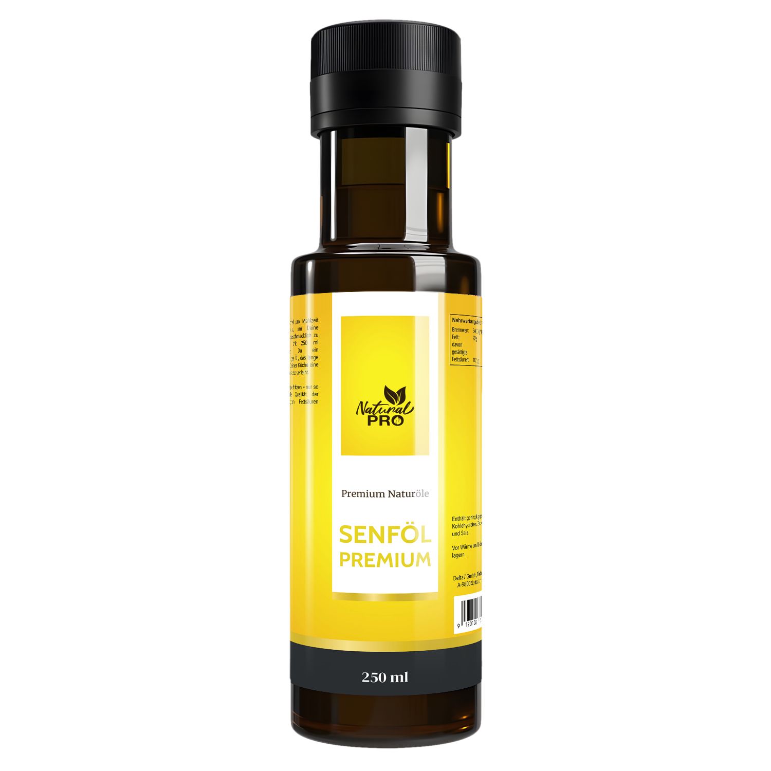 Senföl Premium Flasche, gelbes Etikett, schwarzer Deckel. Text: Senföl Premium, 250 ml. Natural Pro Logo.
