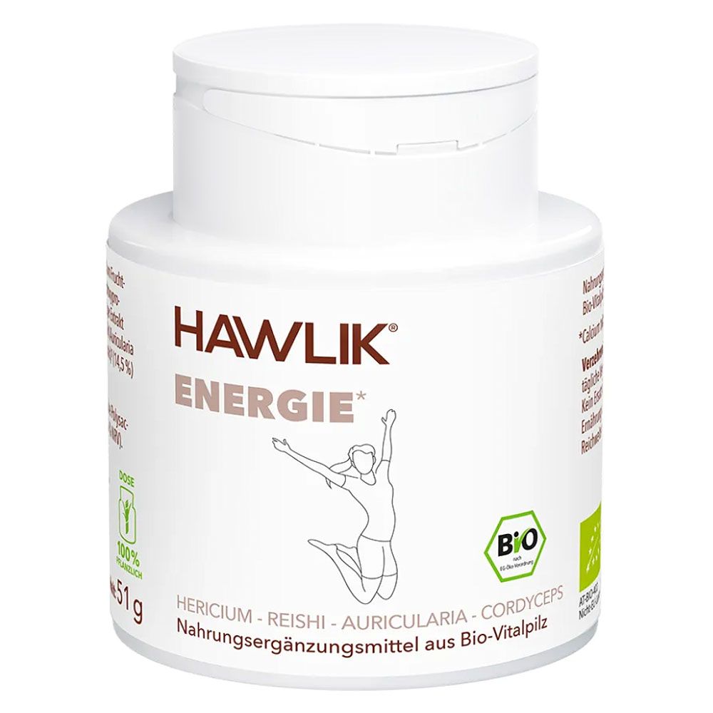 Weiße Dose mit Aufschrift HAWLIK ENERGIE. Enthält Nahrungsergänzungsmittel aus Bio-Vitalpilz. Mit Bio-Siegel.