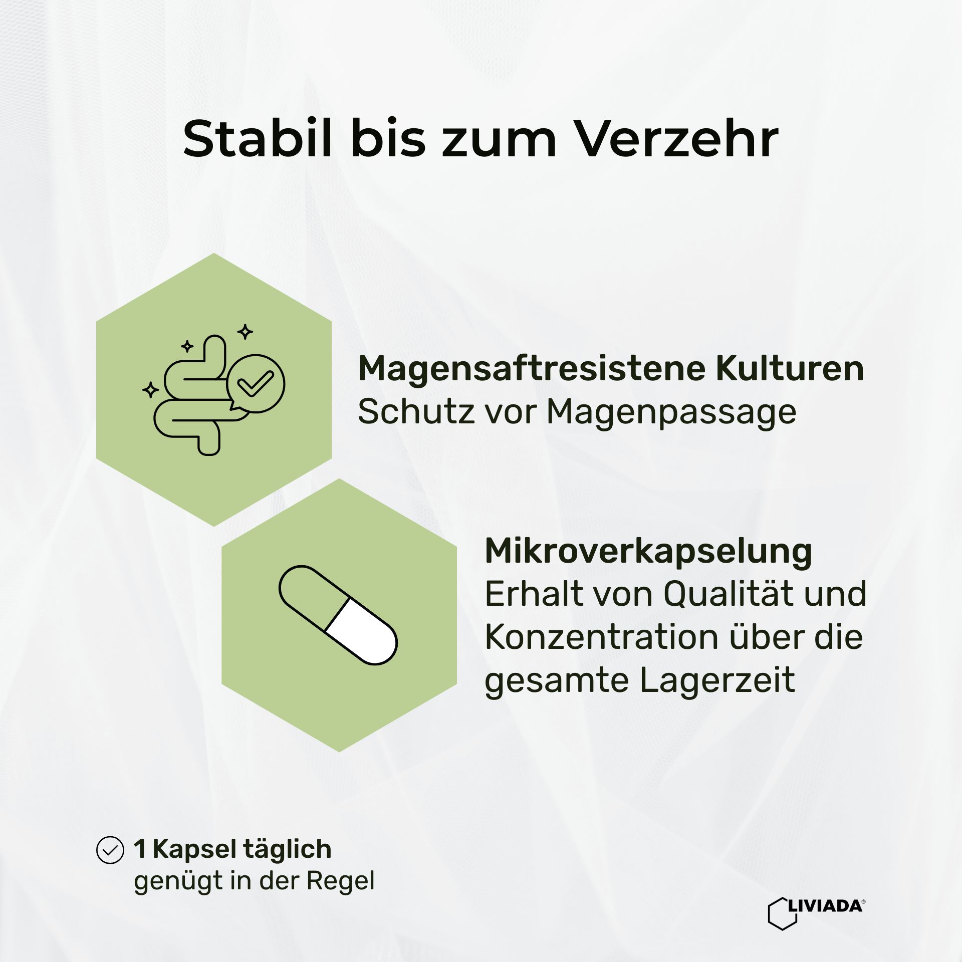 Weißes Pillenfläschchen mit LIVIADA MEFLOR PRO. Illustrationen: Magensaftresistente Kulturen, Mikroverkapselung. Text: 1 Kapsel täglich.