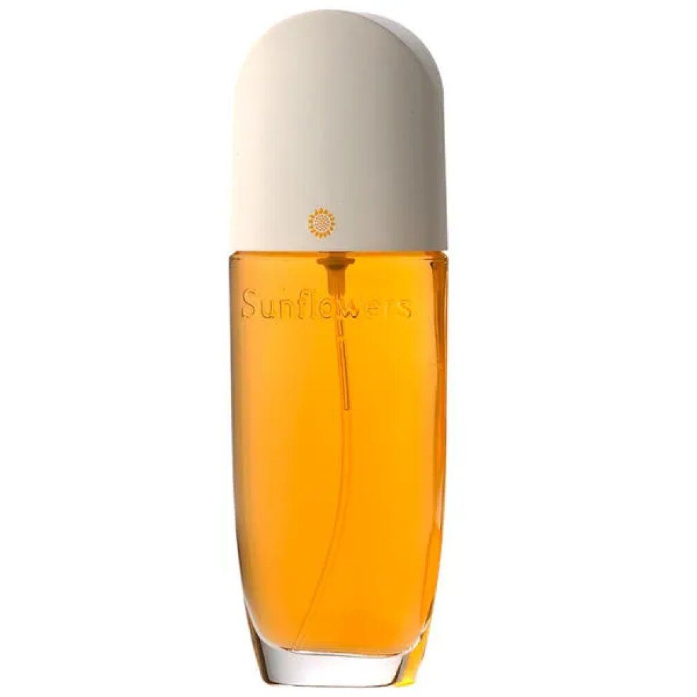 Zylindrische Flasche mit gelber Flüssigkeit und weißem Deckel. Aufschrift "Sunflowers".