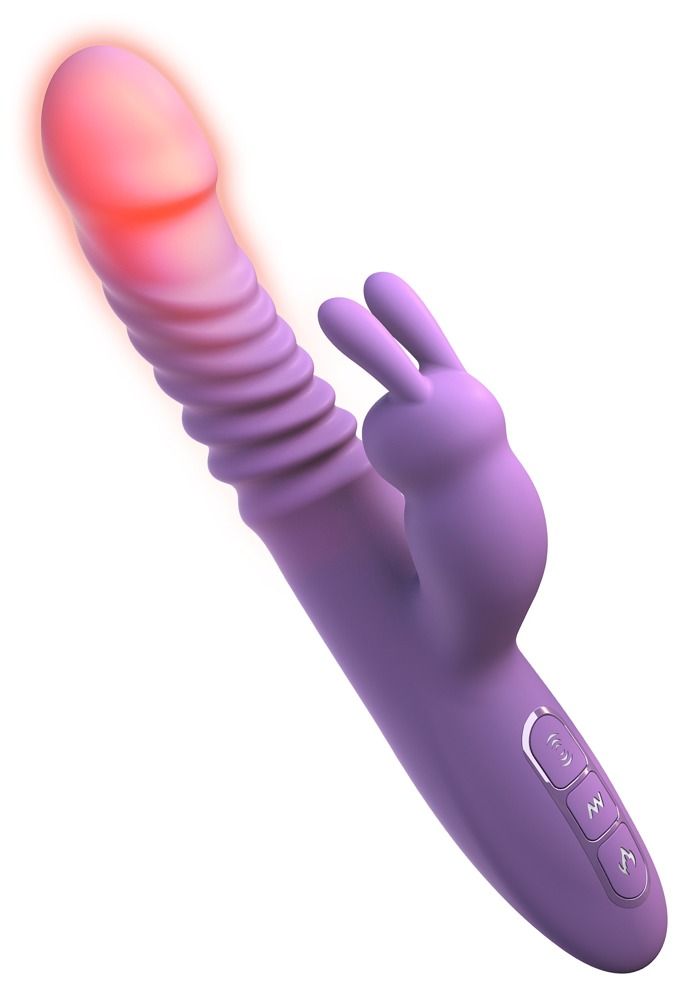 Lila Vibrator mit Hasenohren und geriffelter Oberfläche. Spitze leuchtet rot.