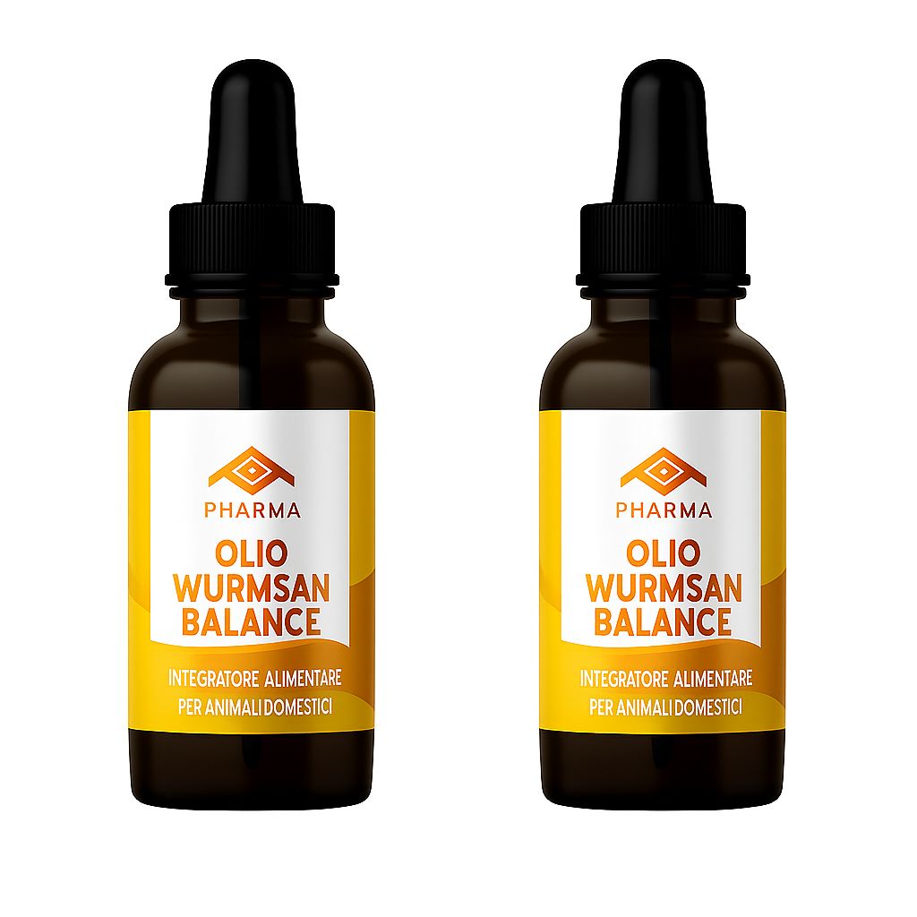 Zwei Flaschen Pharma Health Wurmsan Balance Öl mit Etiketten. Braune Glasflaschen mit schwarzen Pipetten. Gelbe Etiketten mit Text.