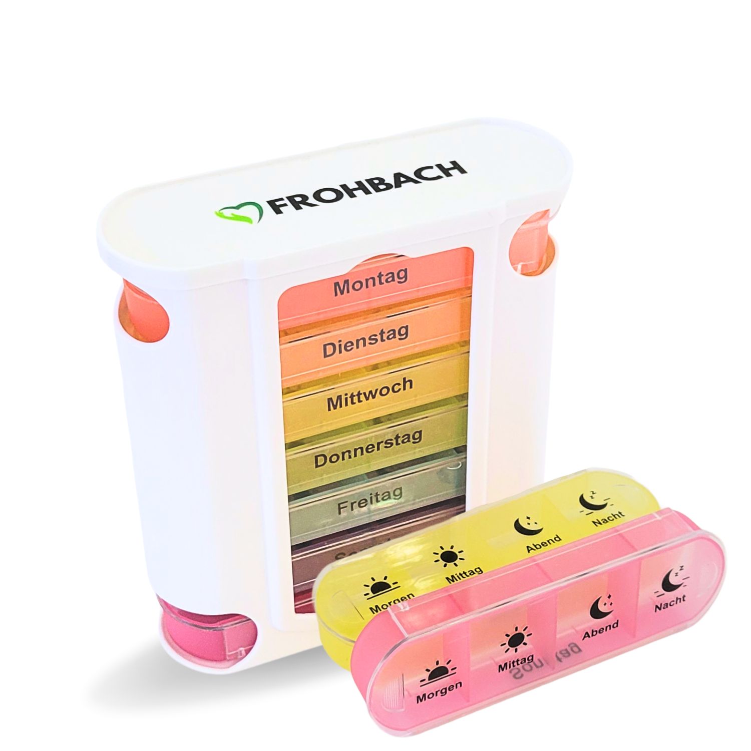 Weiße Tablettenbox mit sieben farbigen Fächern. Zwei separate, kleinere Boxen in Gelb und Rosa. Aufschrift: Frohbach.