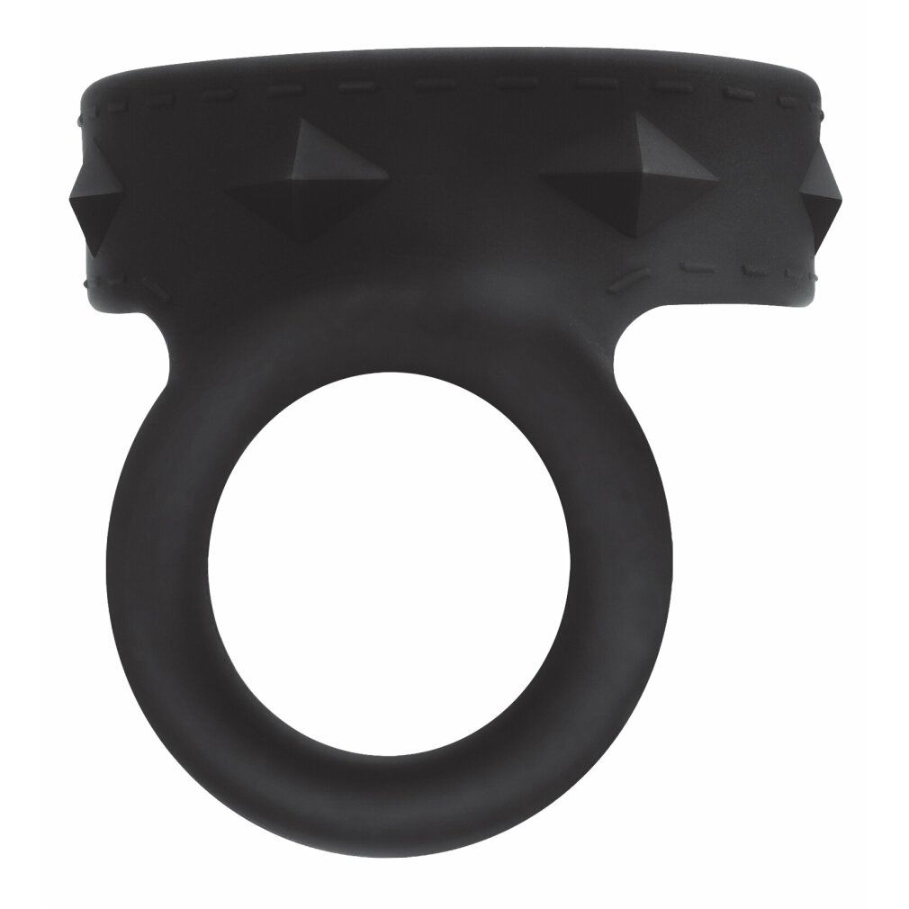 Schwarzer Penis- und Hodenring aus Silikon. Mit pyramidenförmigen Erhebungen am oberen Band und einem Ring.