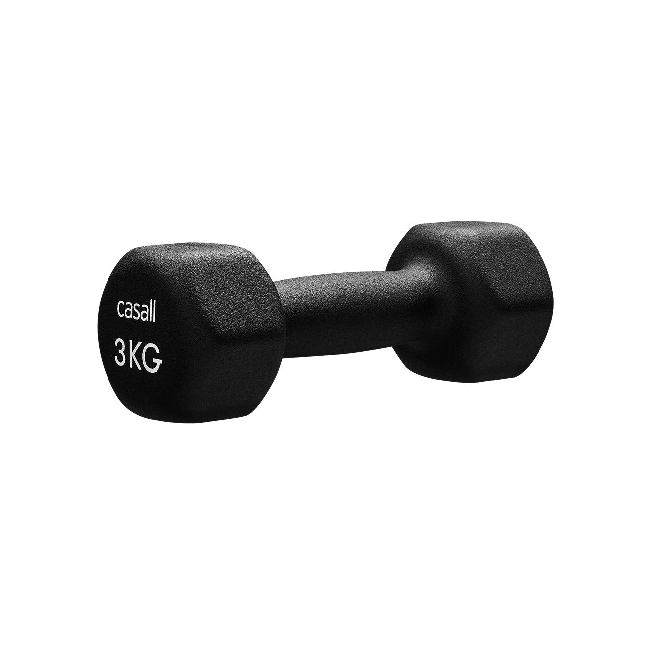 Schwarze Kurzhantel mit sechseckigen Enden. Auf einem Ende steht "casall" und "3KG".