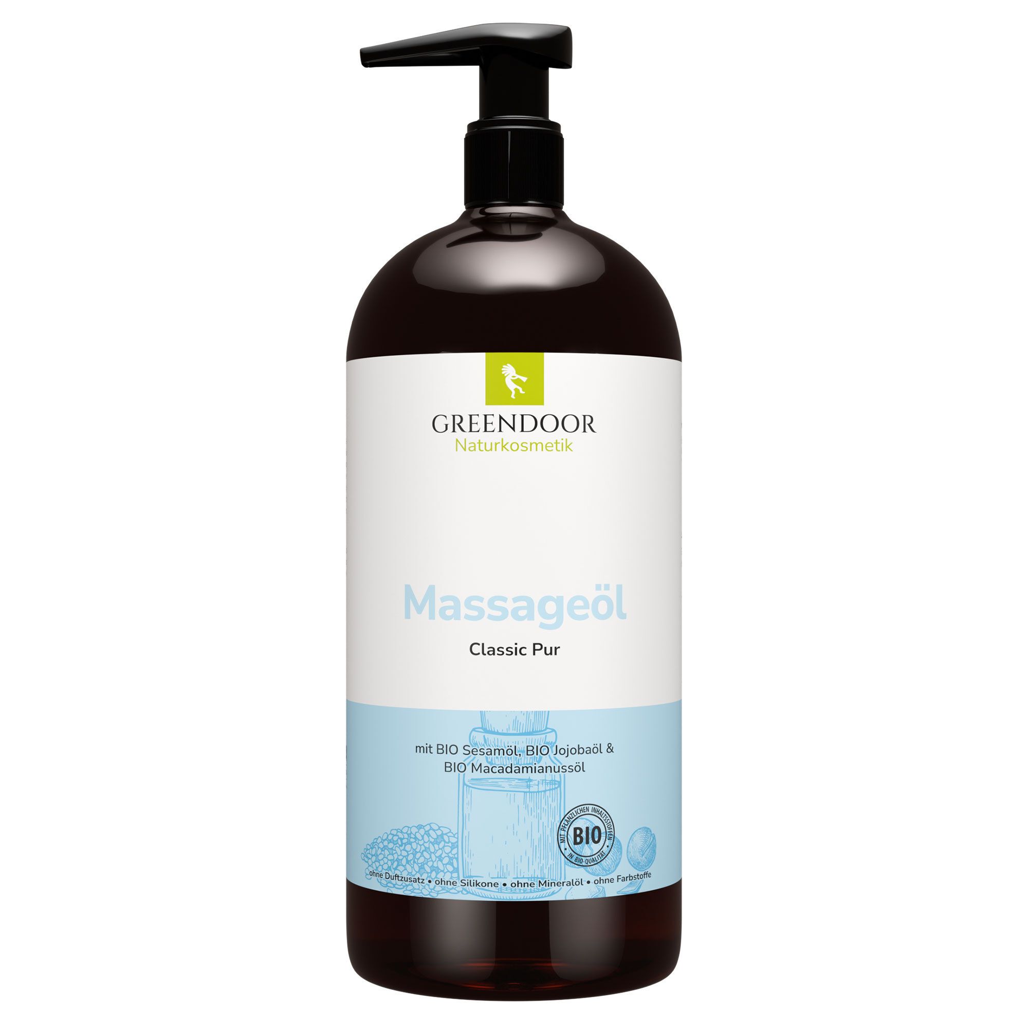 Braune Flasche mit schwarzem Pumpkopf. Aufschrift: GREENDOOR Naturkosmetik, Massageöl Classic Pur. Mit Bio-Inhaltsstoffen.