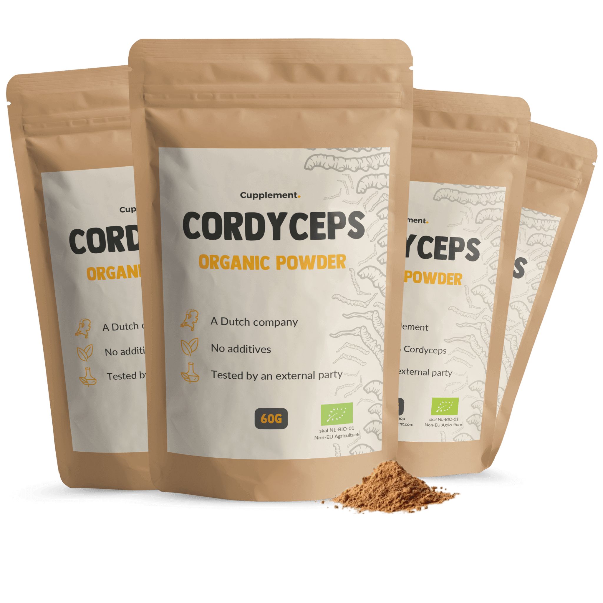 Mehrere Beutel Cordyceps Pulver. Braune Beutel mit weißem Etikett. Aufschrift: Cordyceps Organic Powder.