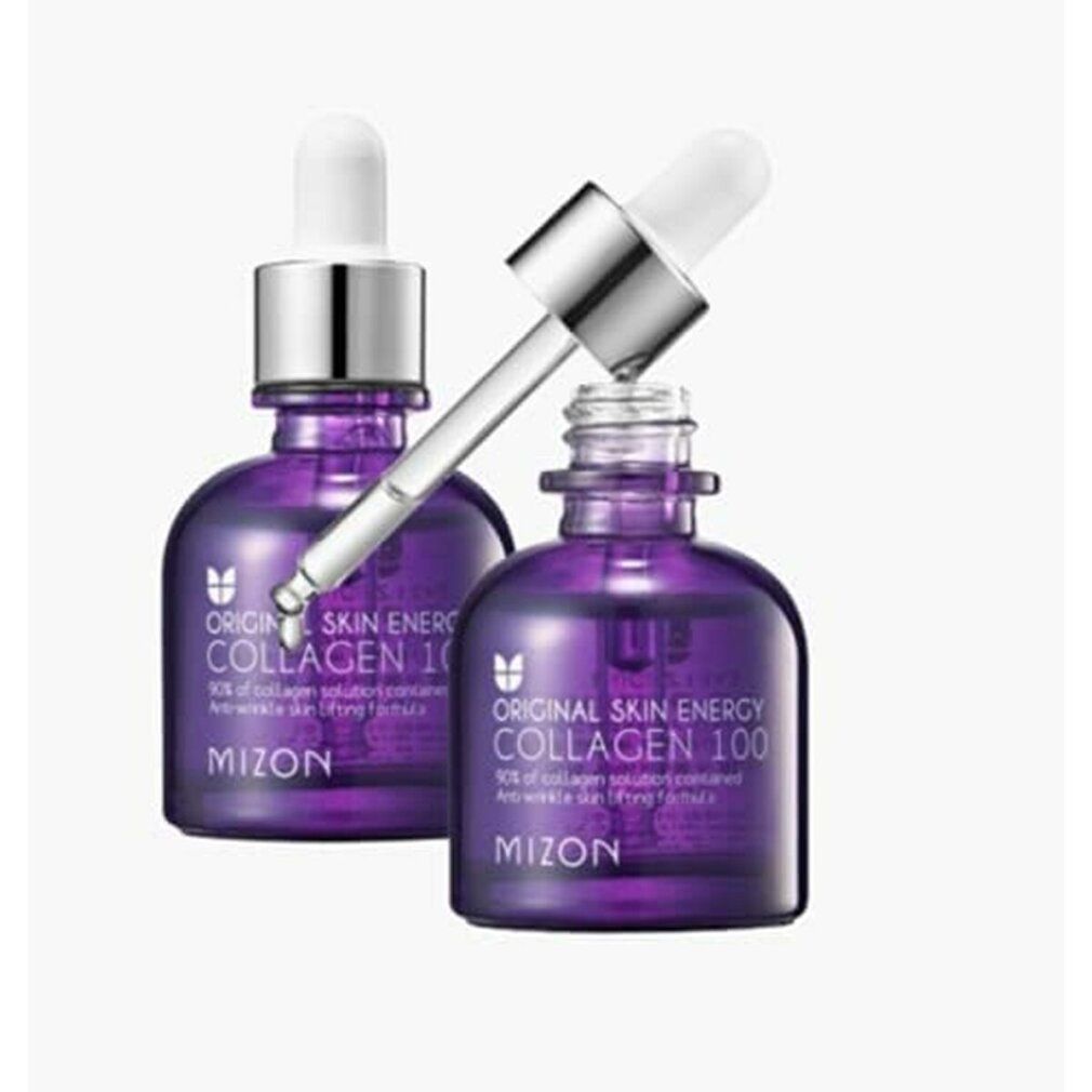 Zwei violette Flaschen mit Pipetten. Aufschrift: Original Skin Energy Collagen 100, Mizon. Pipette über einer Flasche.
