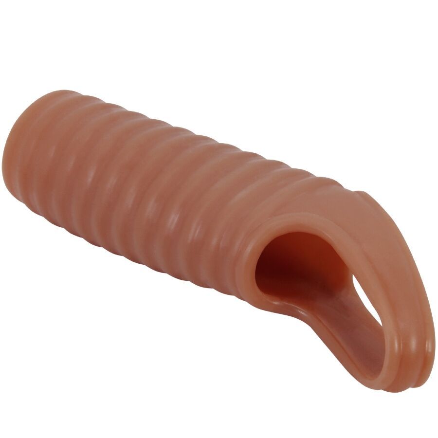 Penishülse aus braunem Material mit geriffelter Oberfläche und Öffnung, schräg dargestellt.