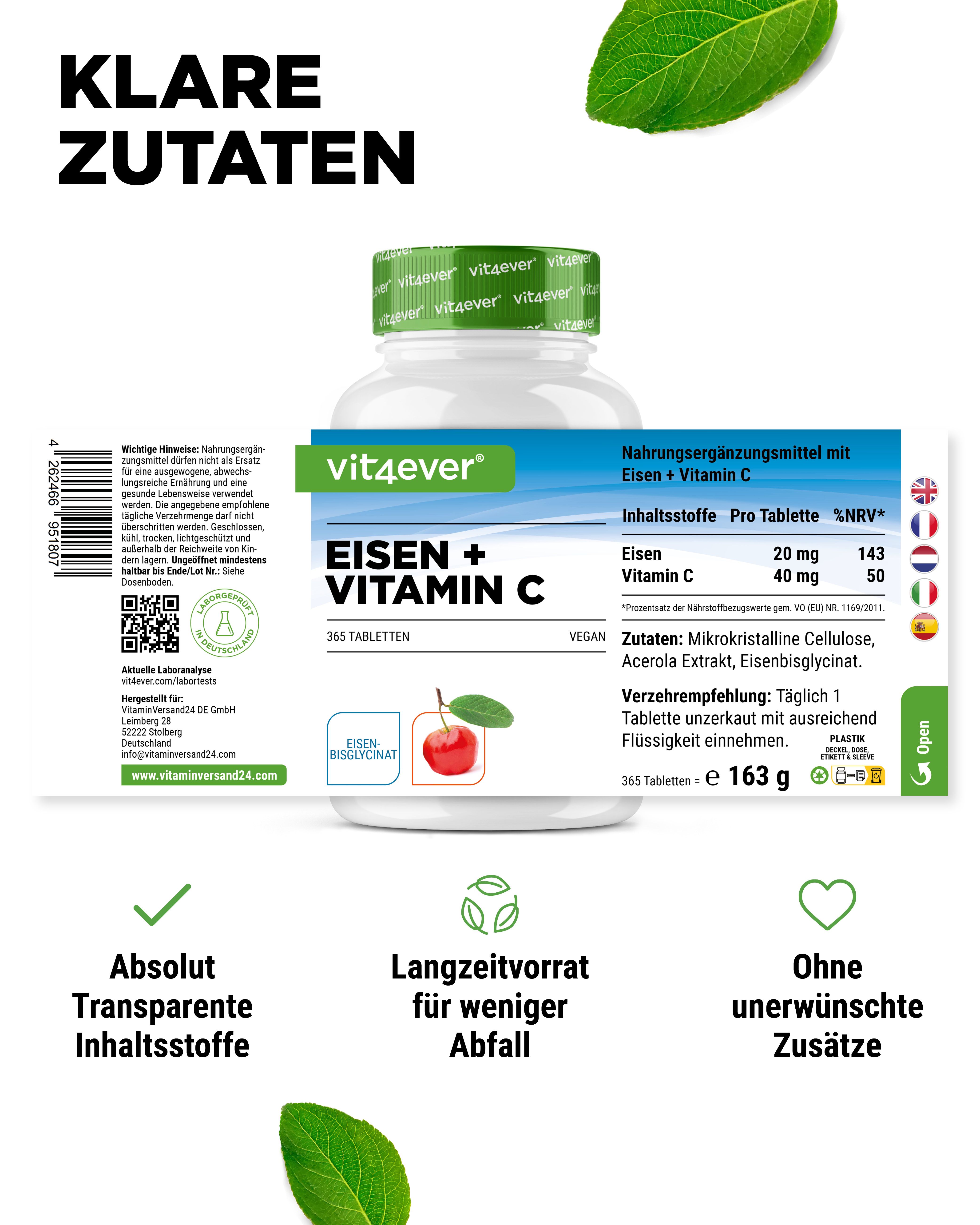 Flasche "vit4ever EISEN + VITAMIN C", 365 Tabletten. Text: "Absolut Transparente Inhaltsstoffe", "Langzeitvorrat für weniger Abfall".