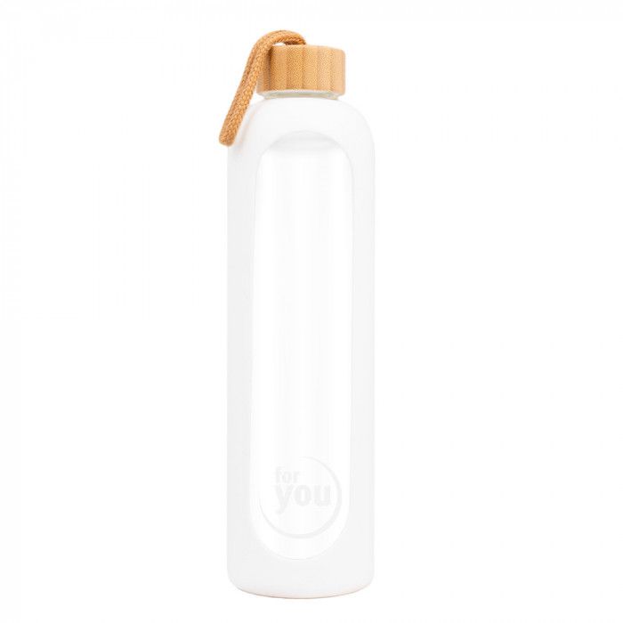 Weiße Glasflasche mit Bambusdeckel und Trageschlaufe. "for you" Logo auf der Vorderseite.