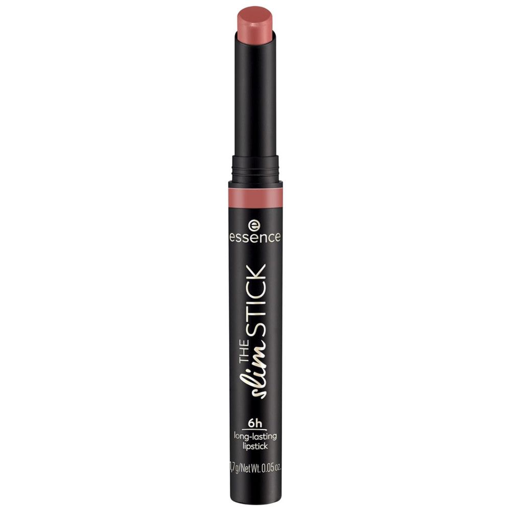 Essence Lippenstift The Slim Stick, rosa. Schwarze Hülse, Produktname und Logo. 6h lang anhaltend.