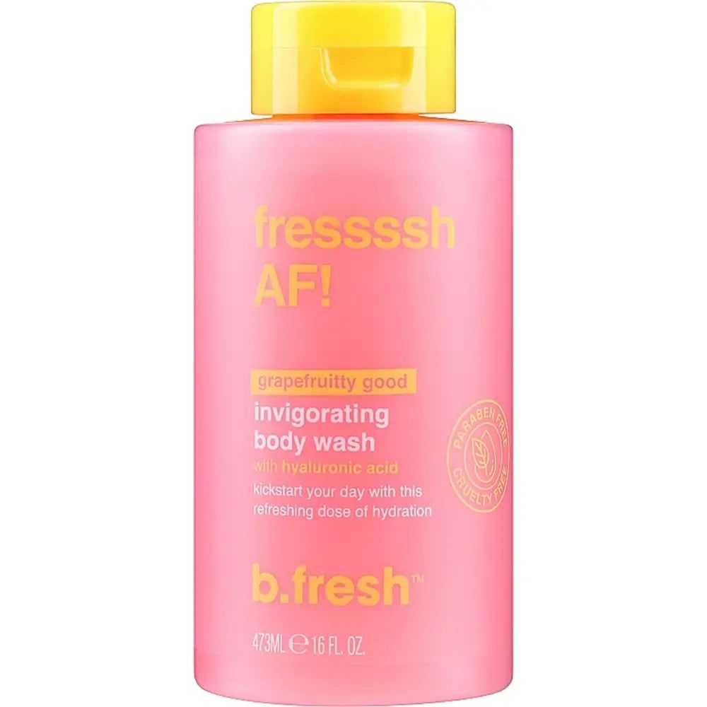 Rosa Duschgelflasche mit gelbem Deckel. Aufschrift: b.fresh Fressssh AF! und weitere Produktinformationen.