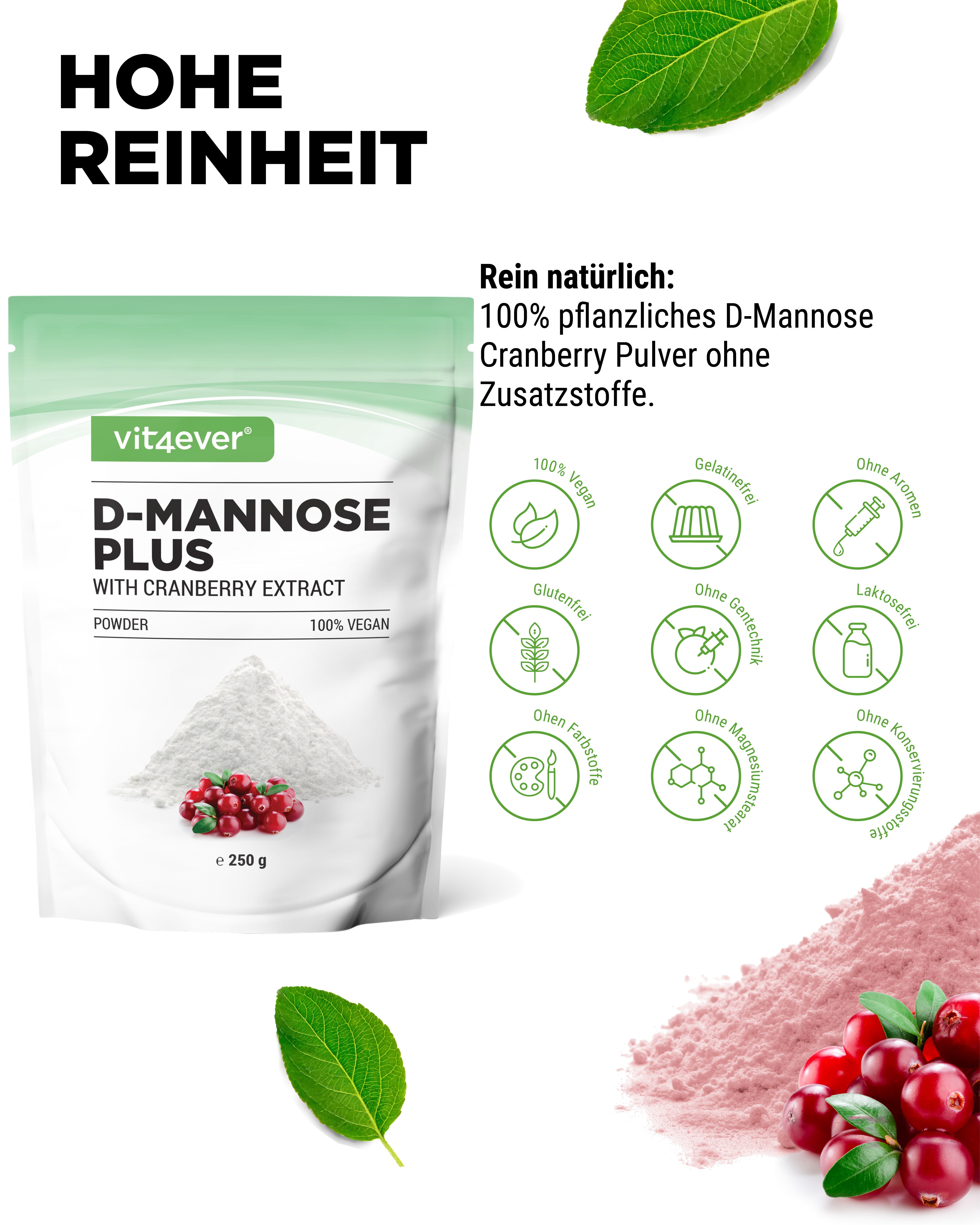 Beutel D-Mannose Plus mit Cranberry-Extrakt. Aufschrift: vit4ever, 100% vegan. Abbildung von Pulver und Cranberries. Frei von Zusatzstoffen.