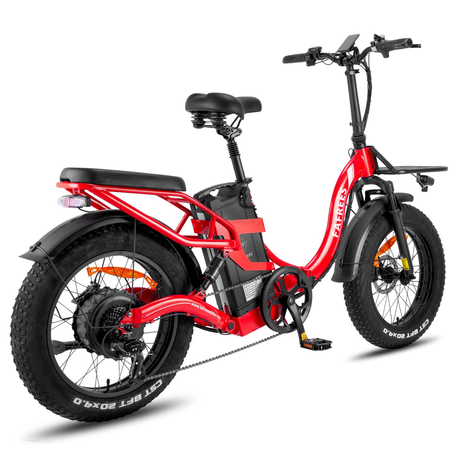 Rotes Fafrees F20 X-Max Elektrofahrrad. Schwarze Reifen, Gepäckträger, Kotflügel. Akku am Rahmen. Lenker mit Display.