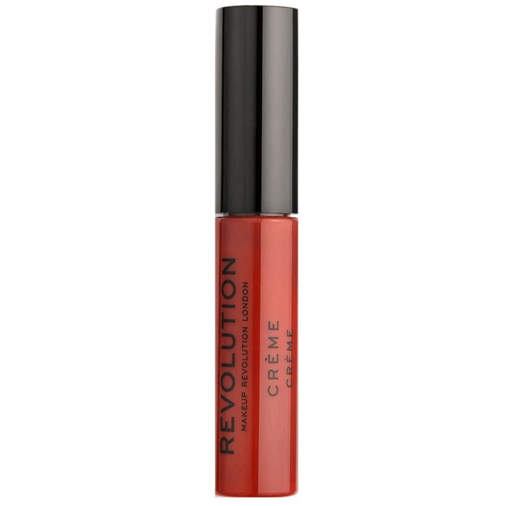 Roter Creme-Lippenstift von Makeup Revolution. Geschlossene Flasche. Aufschrift: Creme. Schwarzer Deckel.