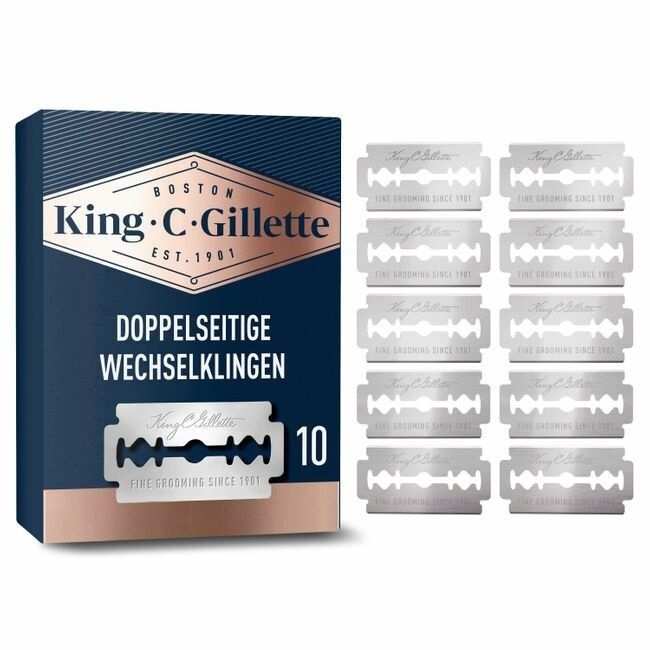 King C. Gillette Rasierklingen-Packung. Blaue Schachtel, 10 Klingen. Einzelne Klingen daneben. Text: Doppelseitige Wechselklingen.