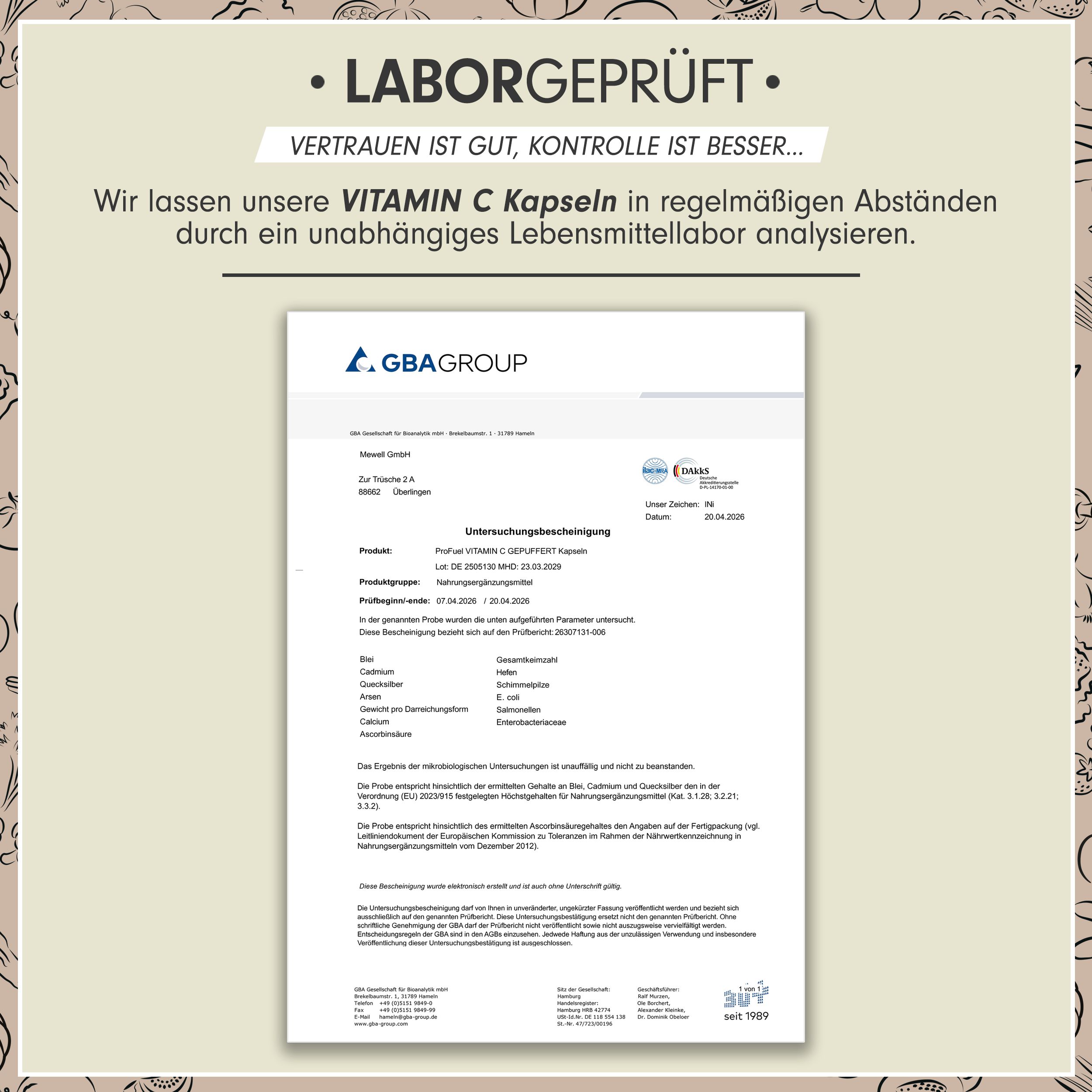Laborgeprüft-Zertifikat. Text: Analyse von Vitamin C Kapseln durch unabhängiges Labor. GBA Group Logo.