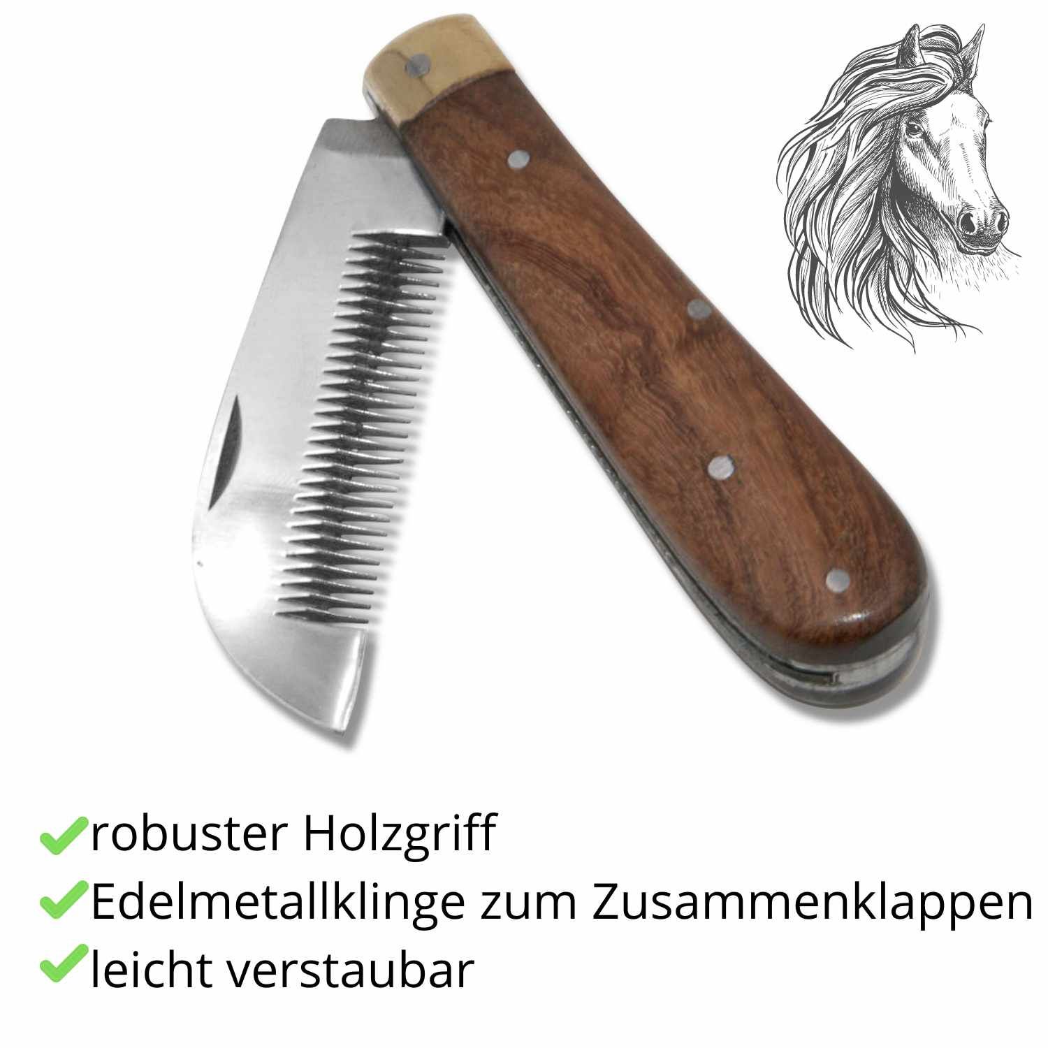 Mähnenverziehmesser mit Holzgriff und Metallklinge. Geöffnet, Klinge mit Zähnen. Text: robuster Holzgriff, Edelstahlklinge, leicht verstaubar.