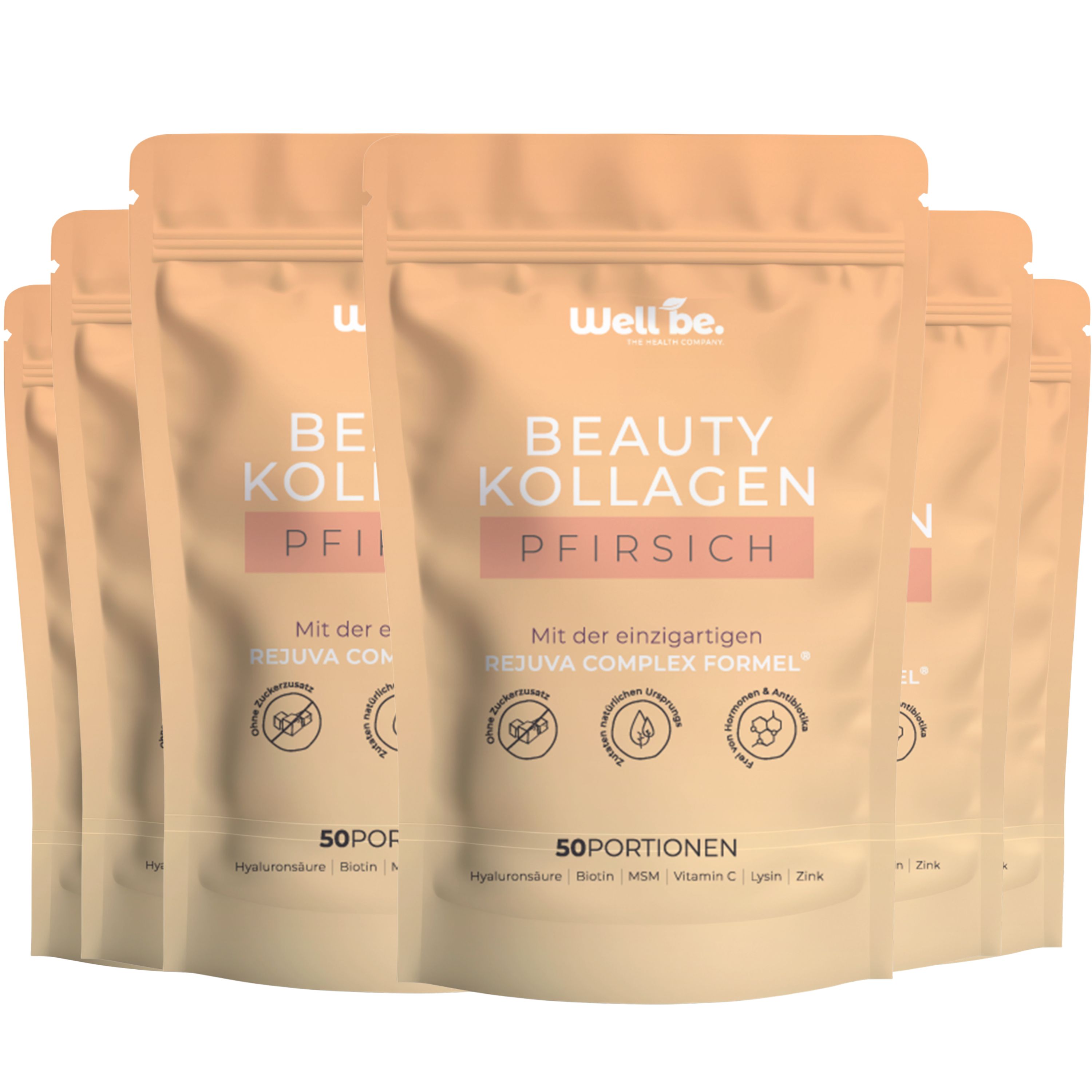 Mehrere Packungen Well.be Beauty Kollagen Pfirsich mit 50 Portionen pro Beutel.