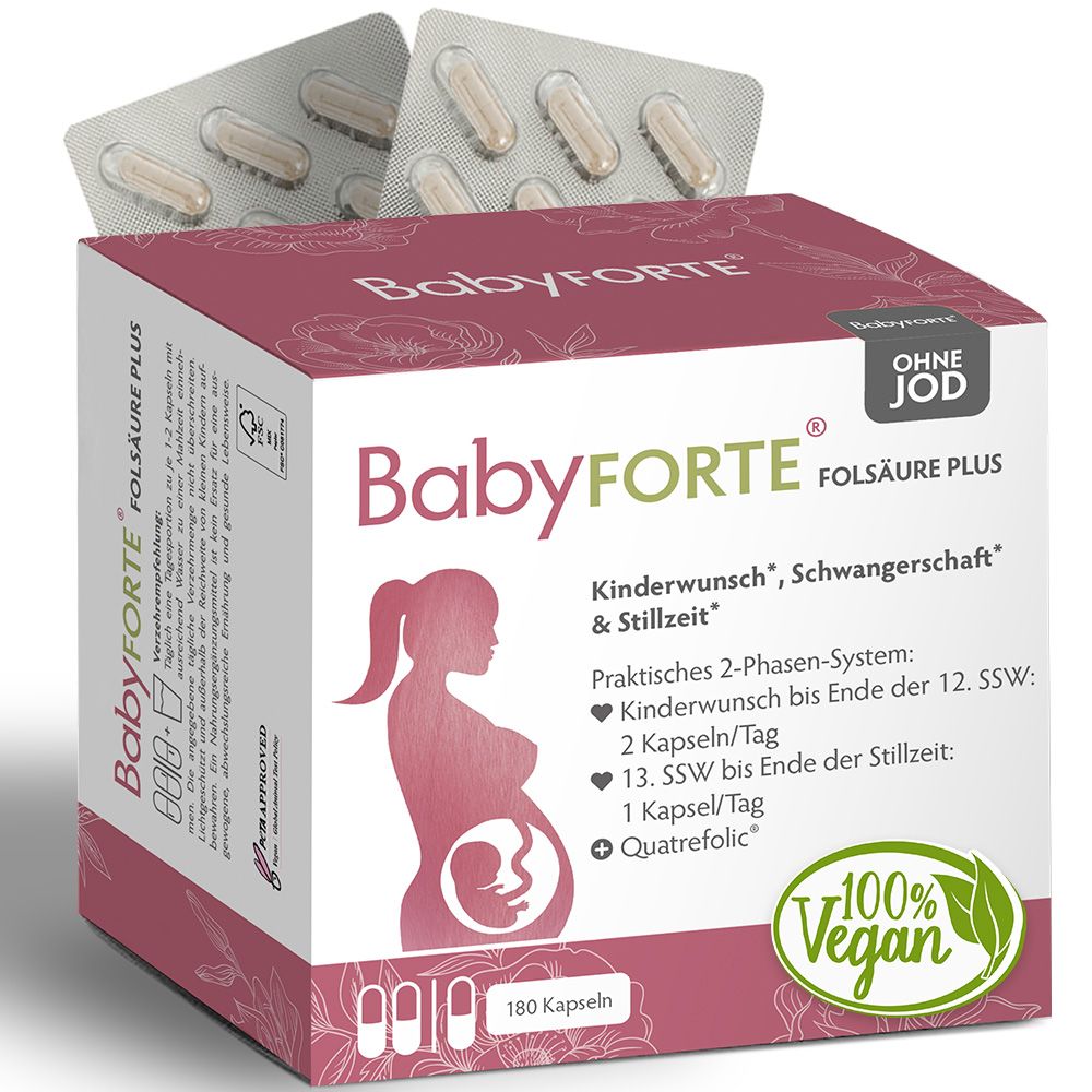 BabyFORTE Folsäure Plus Verpackung mit Siegeln 'Ohne Jod', '100% Vegan' und PETA-Logo.