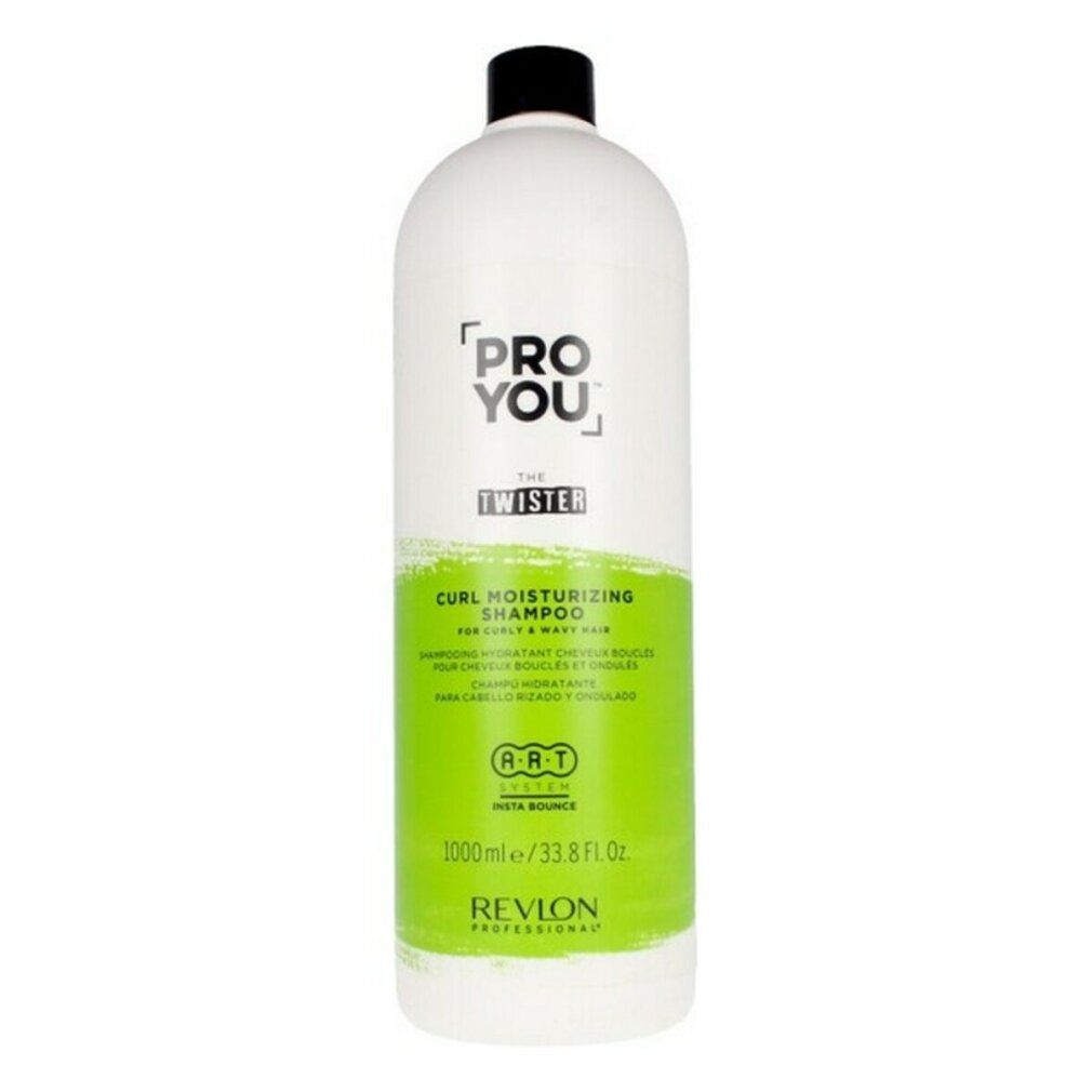 Weiße Flasche mit schwarzem Deckel. Aufschrift: Pro You The Twister. Grüner Bereich mit Text. Revlon Professional.