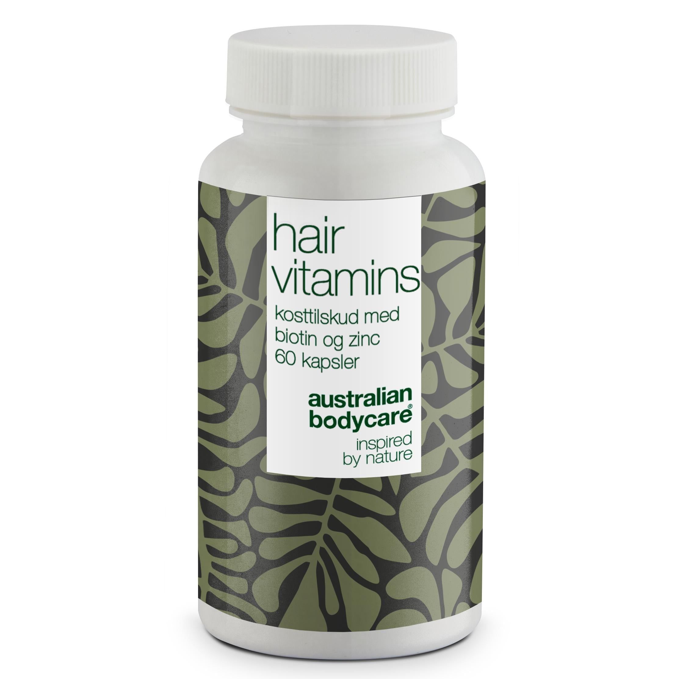 Weiße Flasche mit Kapseln. Aufschrift: Hair Vitamins, Biotin und Zink, 60 Kapseln. Marke: Australian Bodycare.