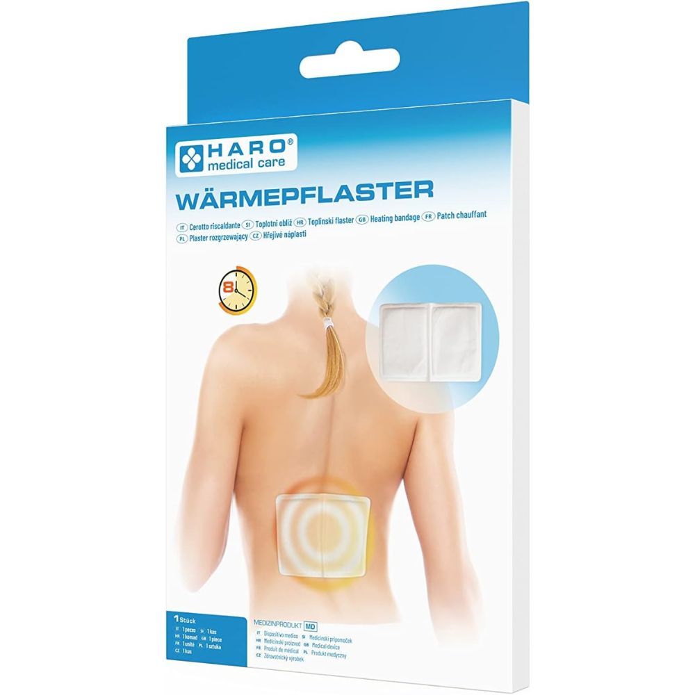 Verpackung mit Haro Wärmepflaster. Aufdruck: Haro Medical Care, Wärmepflaster. Abbildung: Pflaster auf Rücken, gelb markiert. Text in mehreren Sprachen.