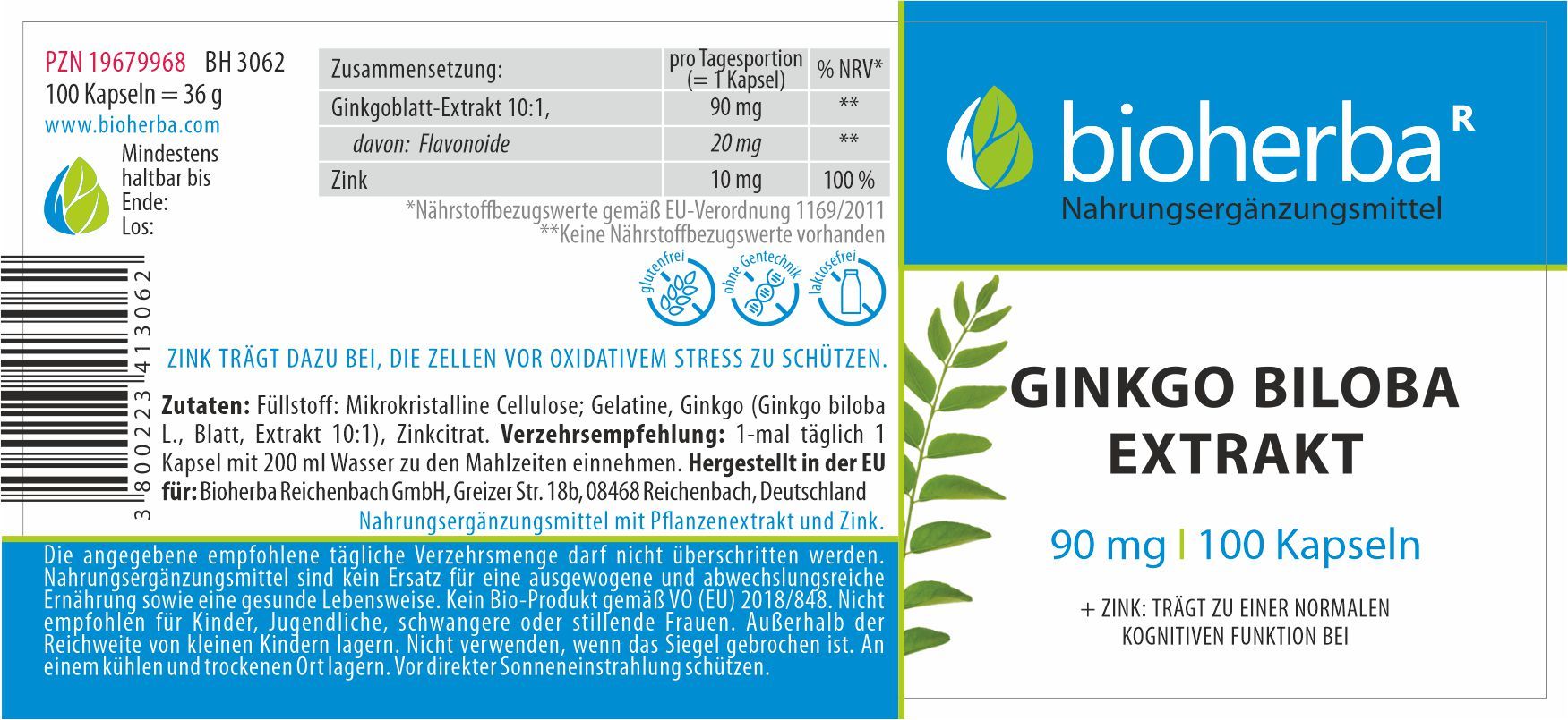 Etikett mit Produktinformationen. Enthält Ginkgo Biloba Extrakt. Mit Angaben zu Inhaltsstoffen und Nährwertangaben. 100 Kapseln.