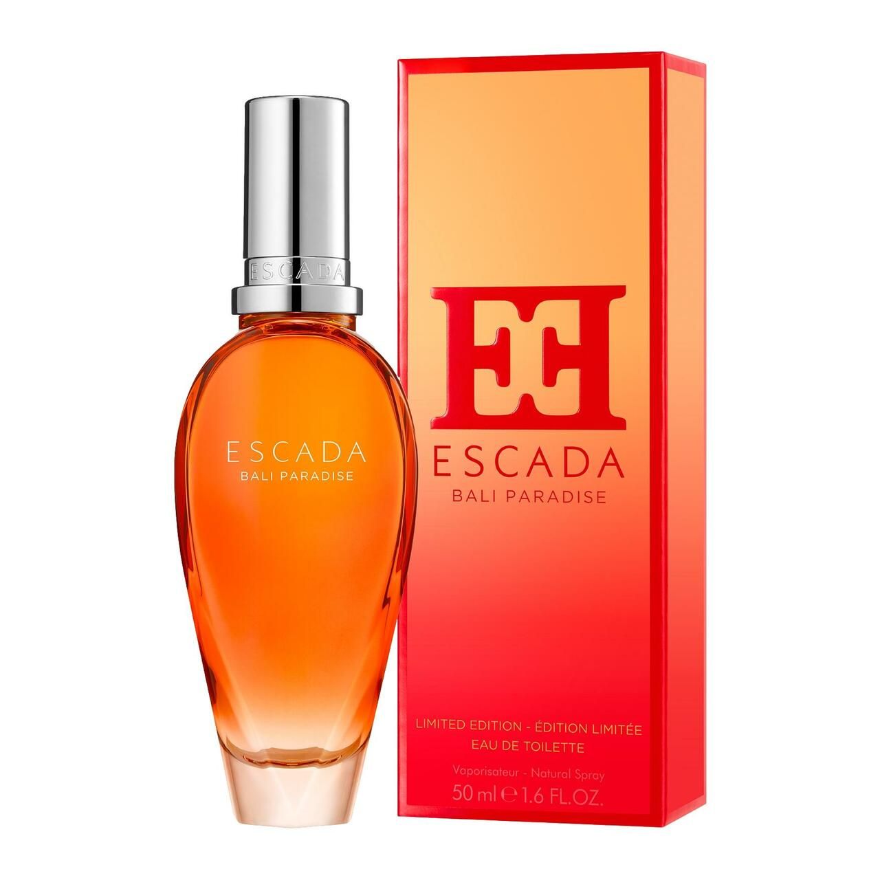 Parfümflakon und Verpackung. Aufschrift: ESCADA BALI PARADISE. Limited Edition. 50 ml. Farbverlauf von orange nach rot.