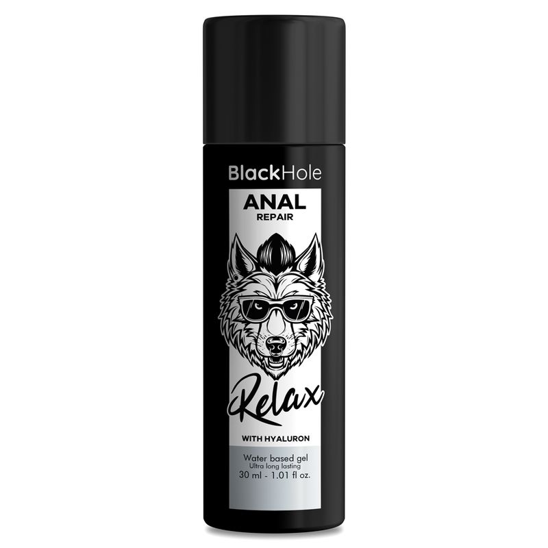 Schwarze Flasche, Produkt: Black Hole Anal Repair. Text: Relax, mit Hyaluron. Wolf-Logo. 30 ml.
