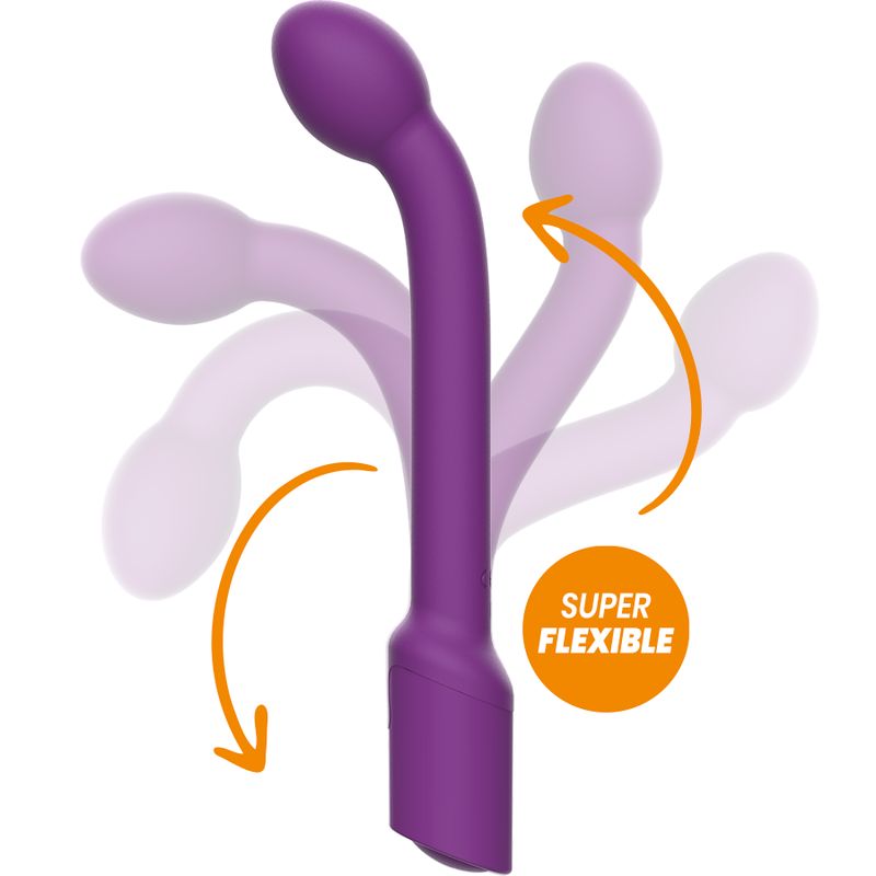 Lila Vibrator mit gebogener Form. Aufschrift "SUPER FLEXIBLE". Pfeile zeigen Flexibilität.