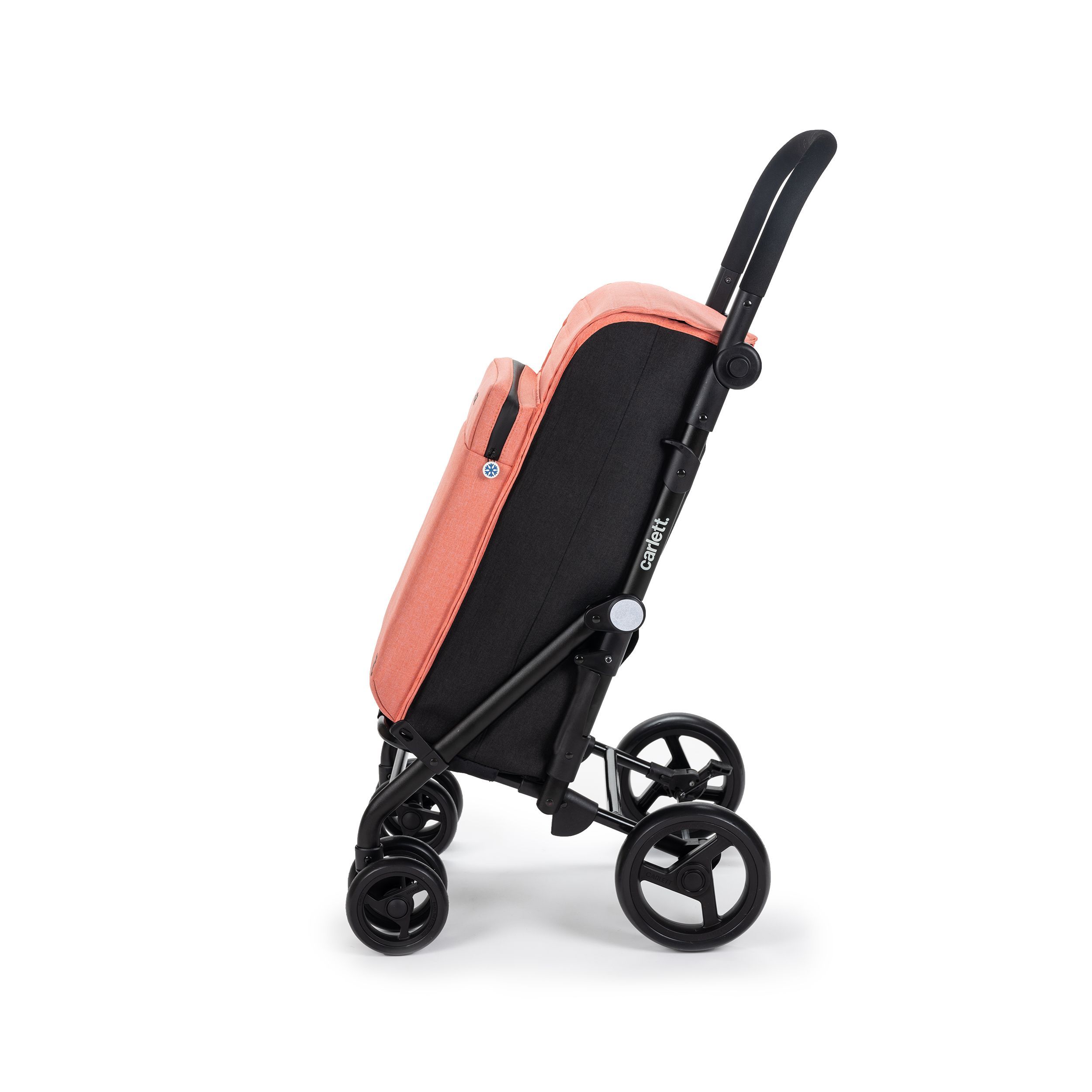 Carlett Urban Quad, orangefarbener Einkaufstrolley mit schwarzem Gestell und vier Rädern. Seitenansicht.