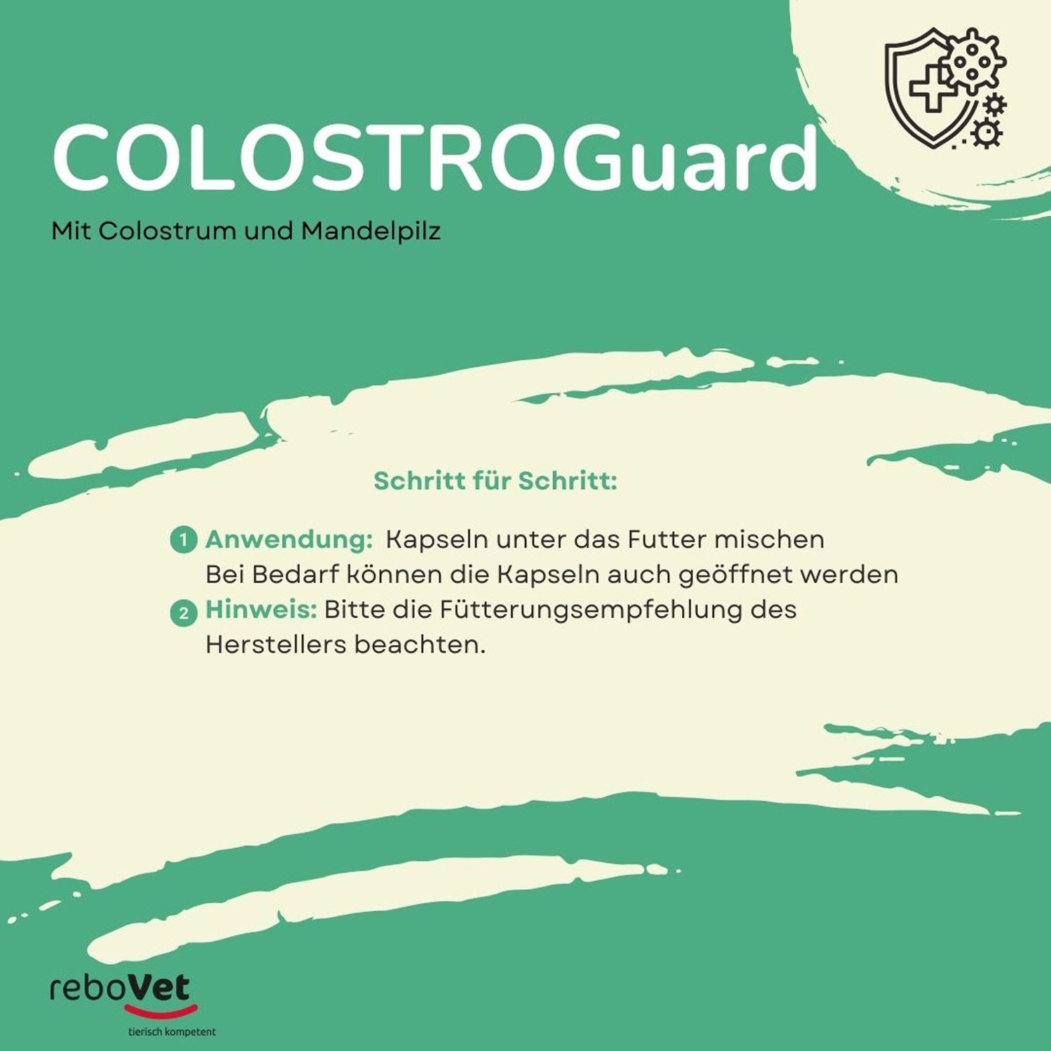 Grüner Hintergrund mit Anweisungen zur Anwendung von COLOSTROGuard. Enthält ein Schild mit einem Schutzschild-Symbol und Zahnrädern.