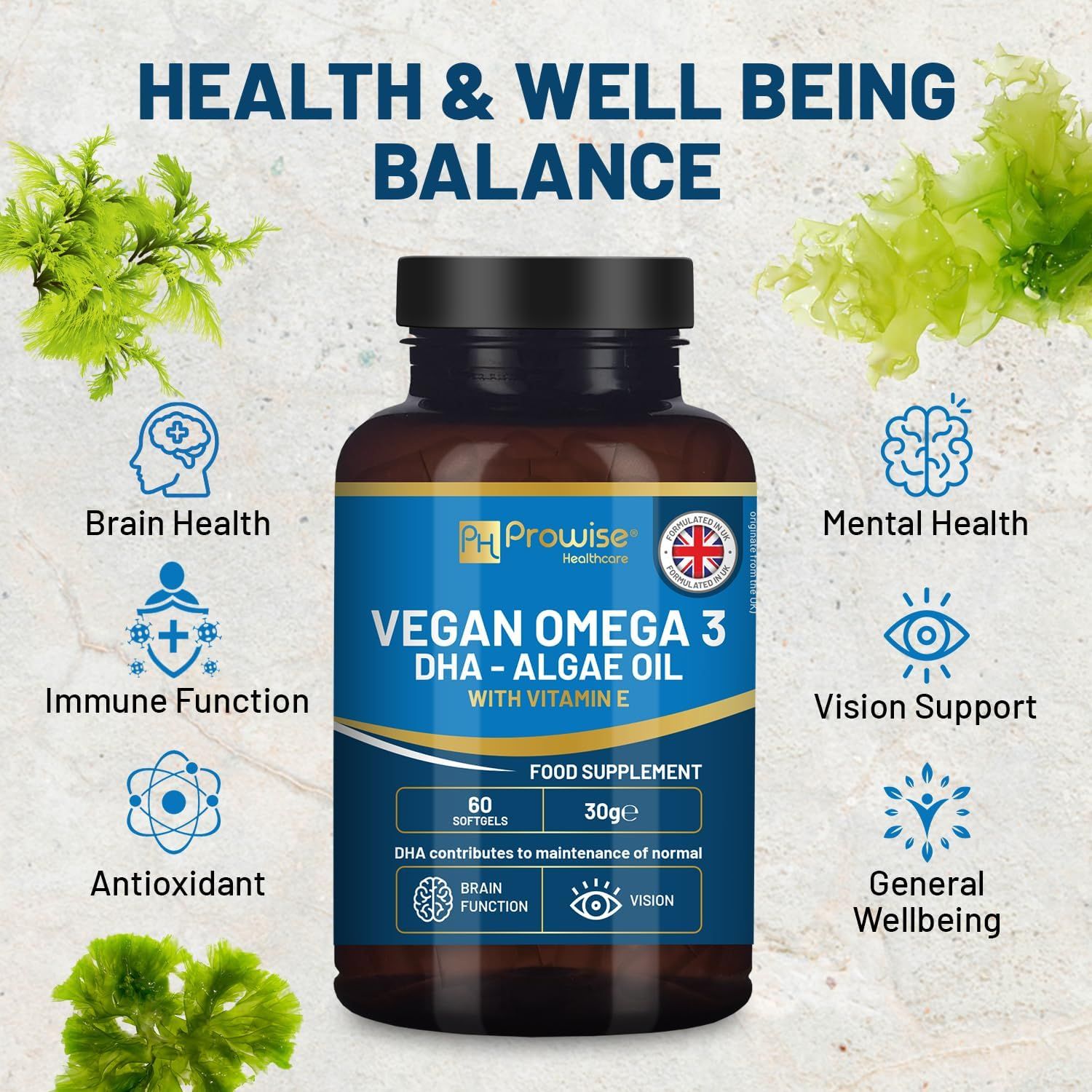 Braune Flasche mit blauem Etikett. Aufschrift: Vegan Omega 3 DHA - Algenöl mit Vitamin E. 60 Softgels. Grafiken für Gehirn, Immunsystem, Vision.