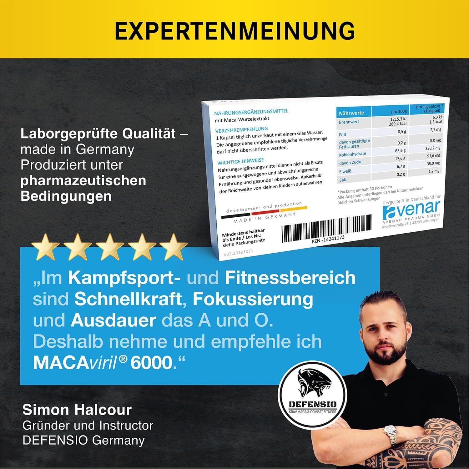 Expertenmeinung zu MACAviril 6000®. Text: Laborgeprüfte Qualität, hergestellt in Deutschland. Zitat.
