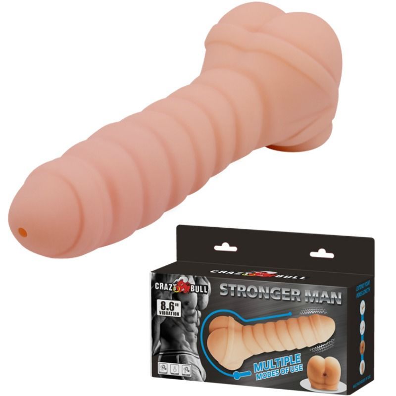 Fleischfarbener Masturbator mit geriffelter Oberfläche. Inklusive Verpackung mit Produktabbildung und Text.