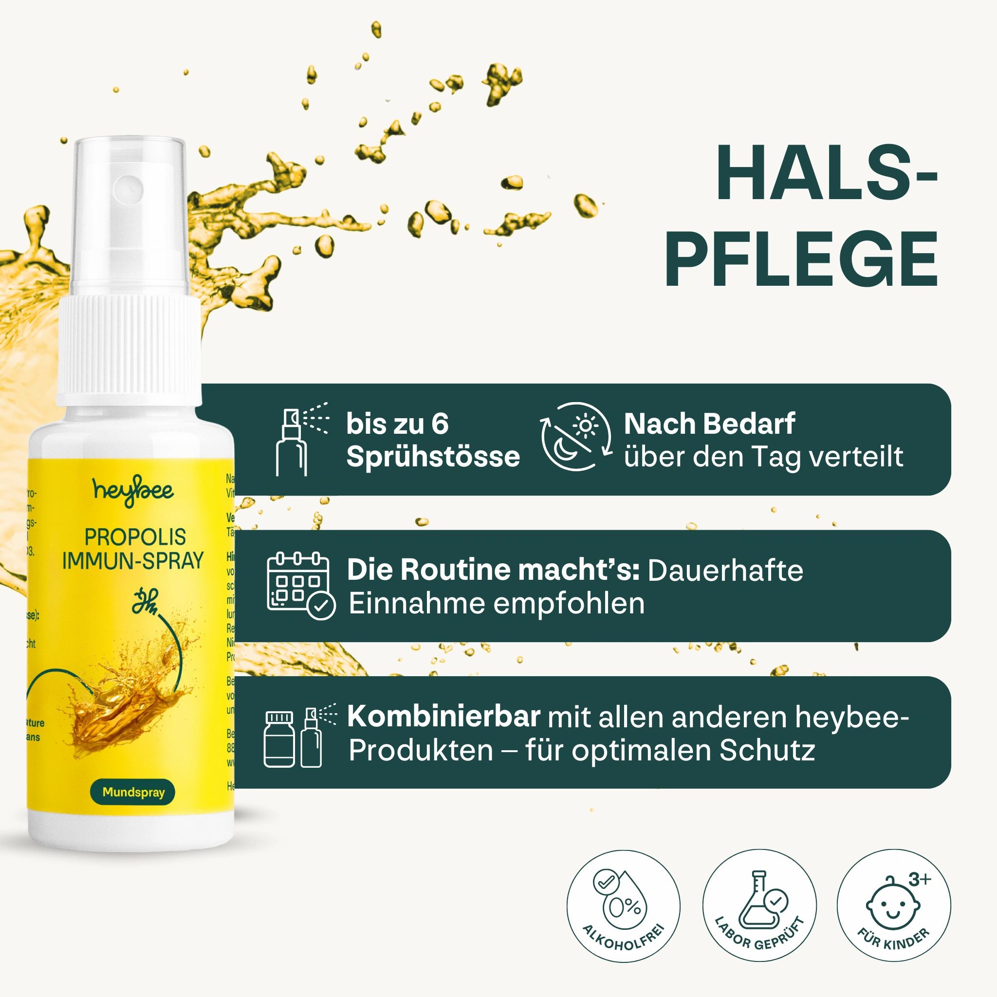 Heybee Propolis Immun-Spray Flasche. Text: bis zu 6 Sprühstöße, nach Bedarf, die Routine macht's, kombinierbar mit anderen Heybee Produkten. Ohne Alkohol.