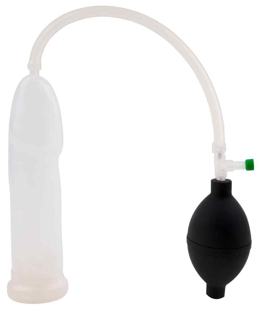 Anatomische Penis Pumpe mit transparentem Zylinder, schwarzem Balg und Schlauch.