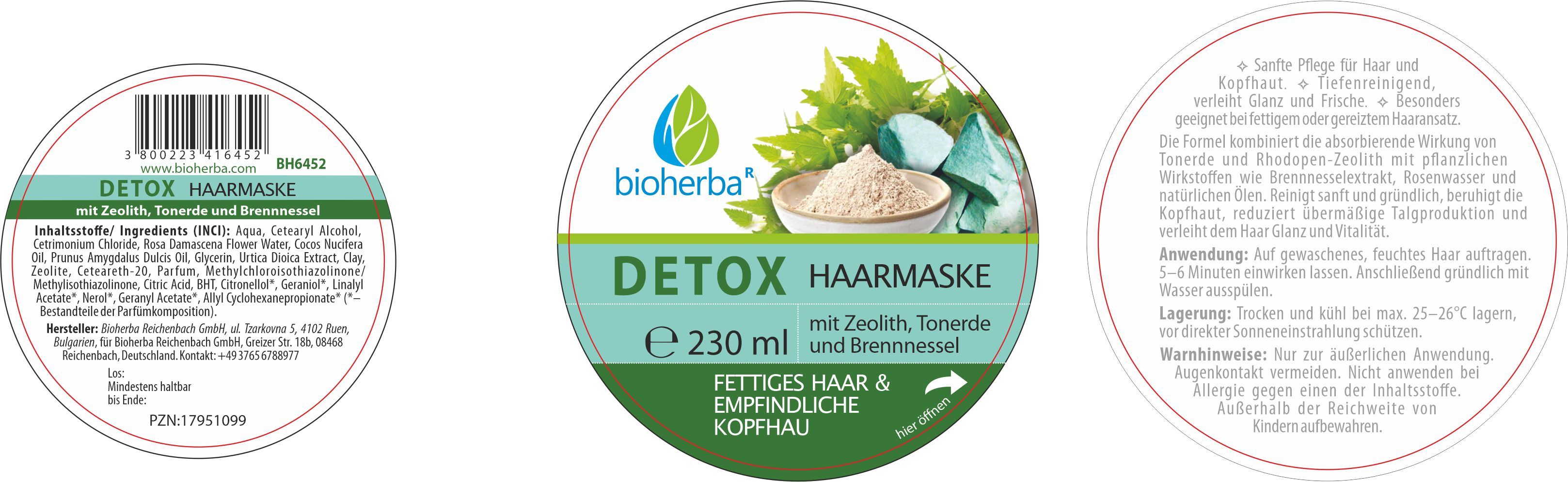 Runde Dose. Weiß, mit grünem Deckel. Aufschrift: Detox Haarmaske mit Zeolith, Tonerde und Brennnessel. 230 ml. Für fettiges Haar und empfindliche Kopfhaut.
