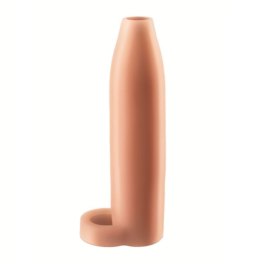 Beige Penishülle mit Hodenring. Vertikale Ansicht. Aus Silikon.