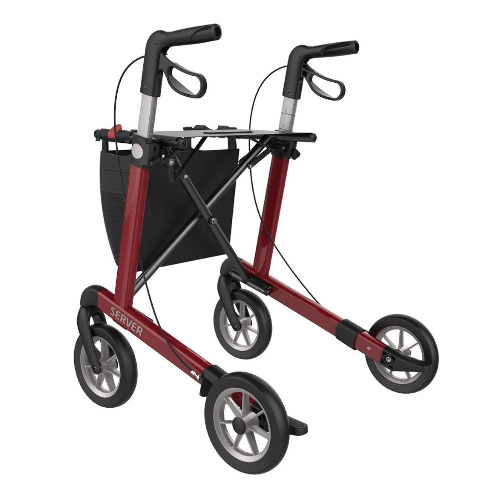 Weinroter Rollator, Ansicht von der Seite. Vier Räder, schwarzer Korb und Griffe. Auf dem Rahmen steht "SERVER".