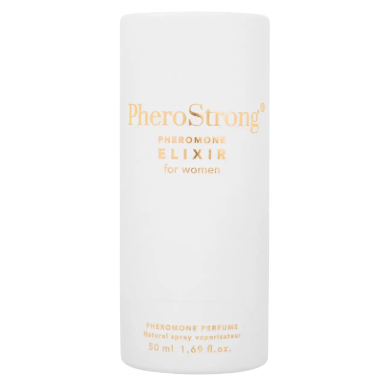 Weiße Verpackung mit Aufschrift: PheroStrong, ELIXIR for women. Produktname in Gold. 50 ml.