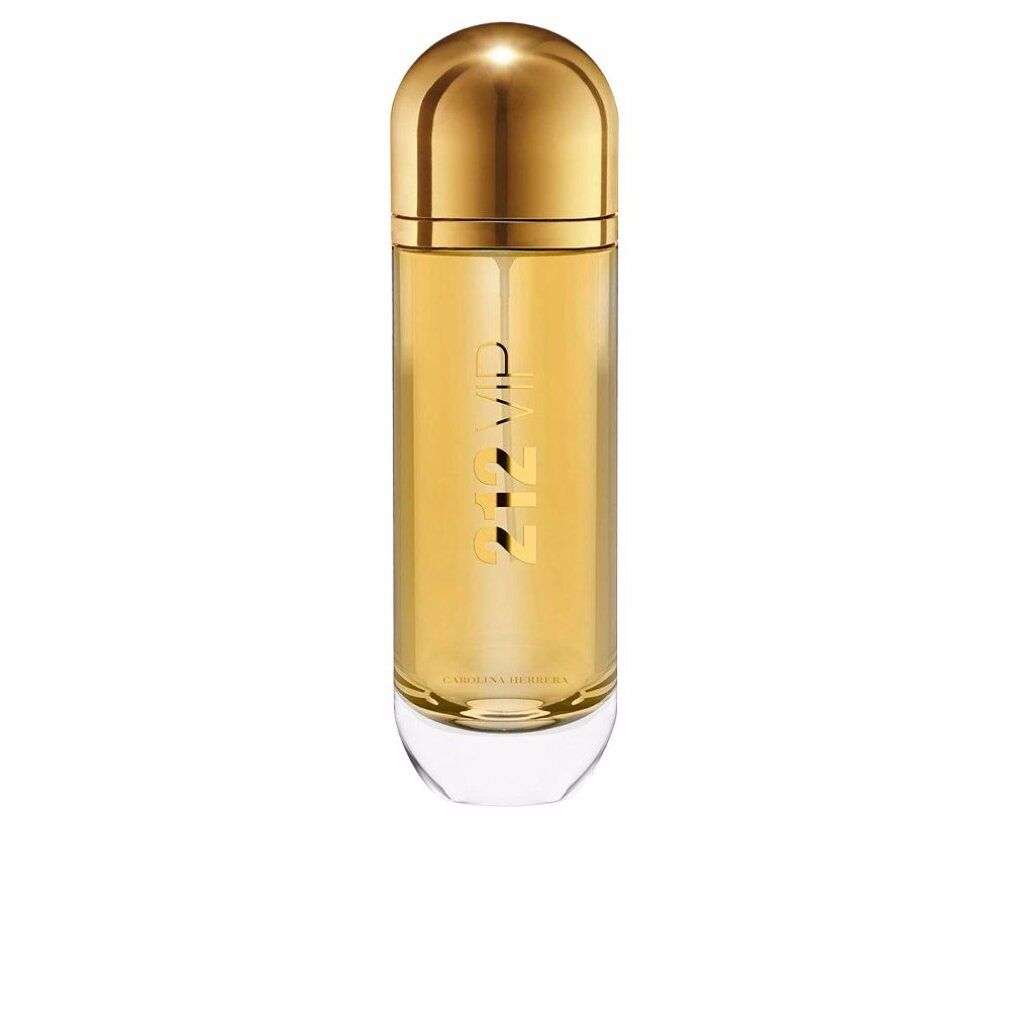 Zylindrischer Parfümflakon mit goldfarbenem Deckel und klarer Basis. Aufschrift: 212 VIP, Carolina Herrera.