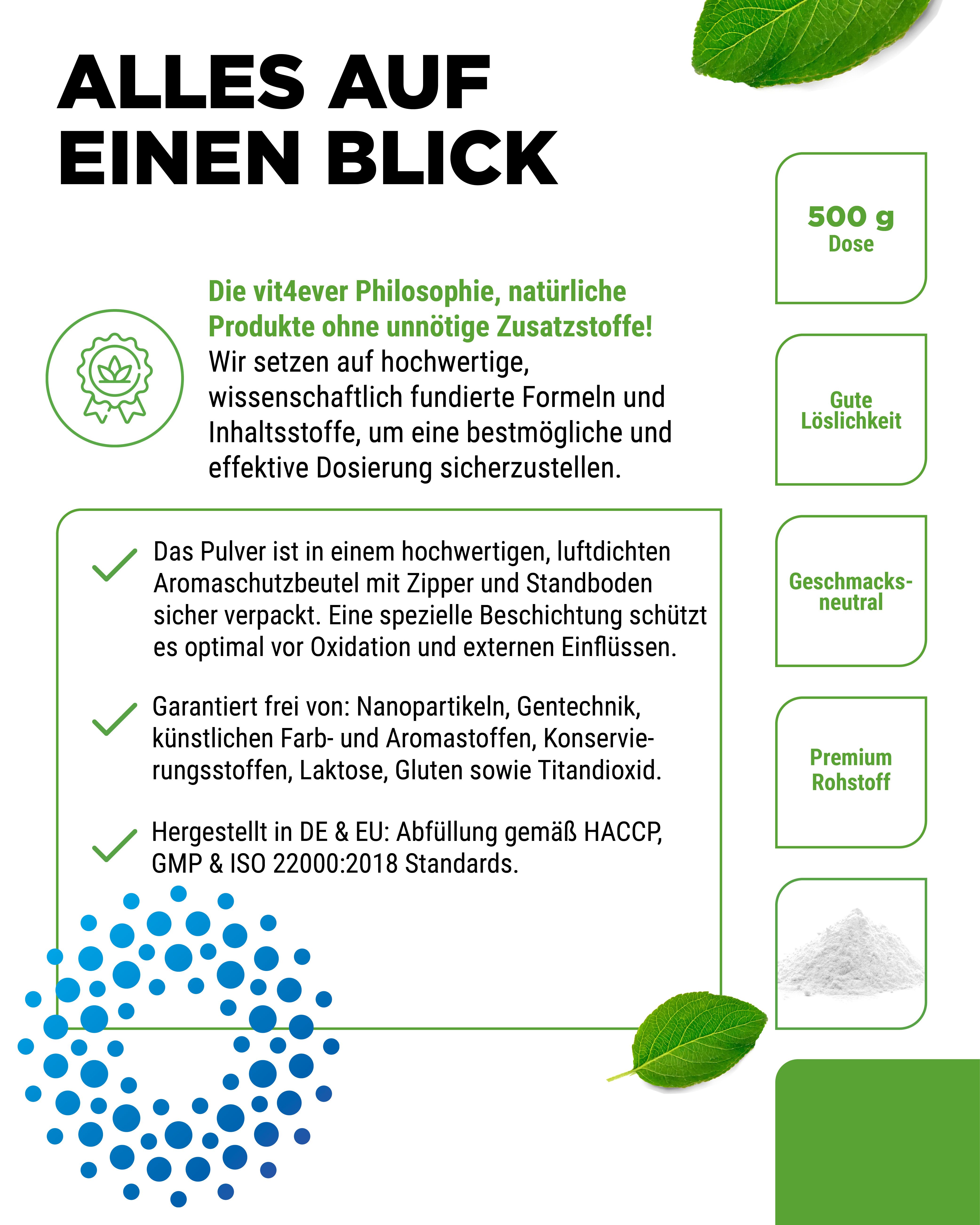 Beutel Marine Kollagen. Marke: vit4ever. Text: Alles auf einen Blick. 500g. Gute Löslichkeit. Geschmacksneutral. Premium Rohstoff.