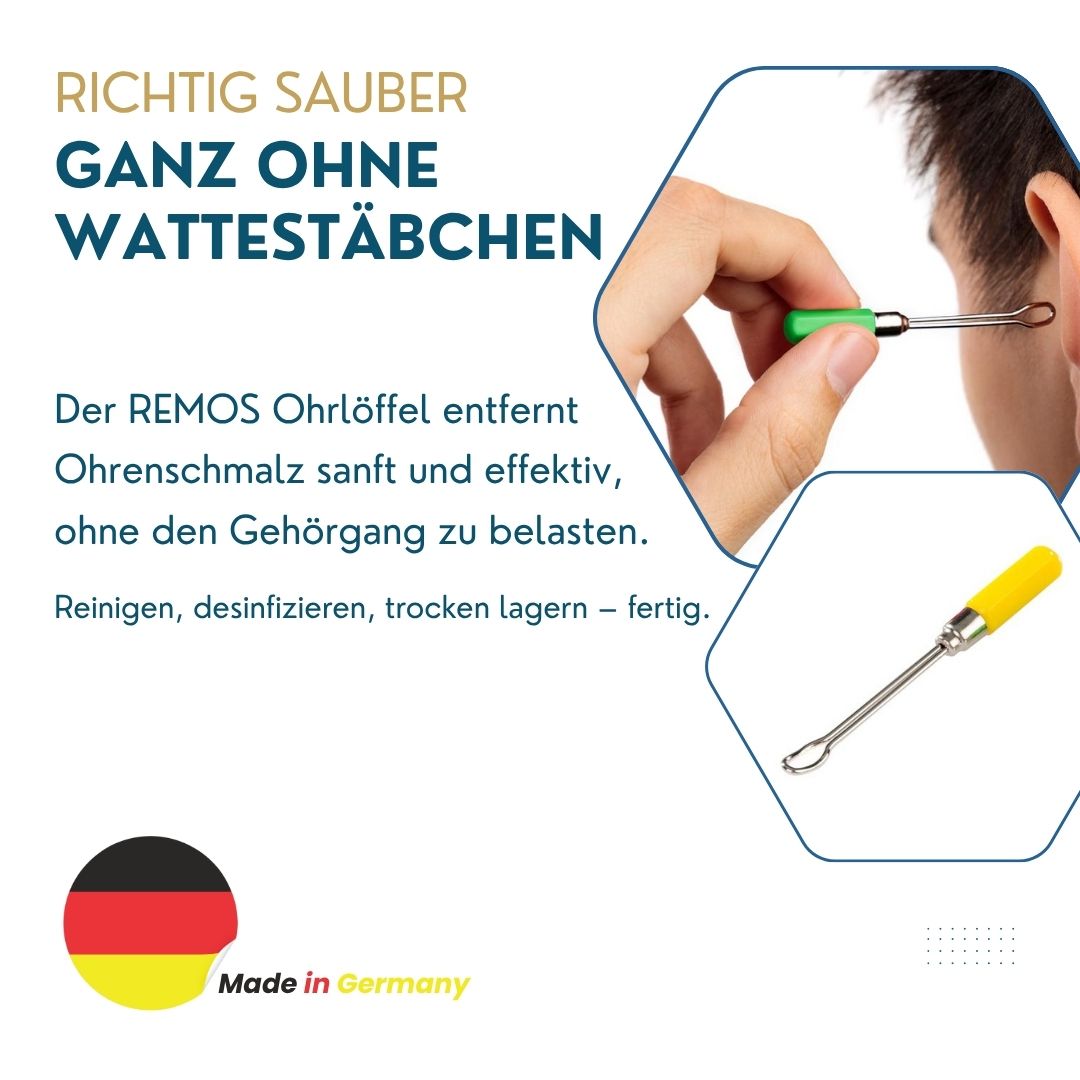 REMO Ohrlöffel aus Metall mit grünem Griff, Made in Germany.