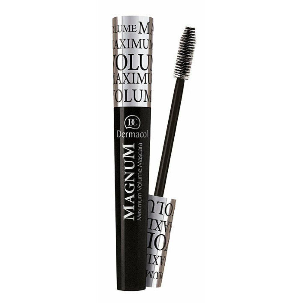 Schwarze Mascara-Tube mit silberner Kappe. Aufschrift MAGNUM und Dermacol. Bürste mit Borsten.