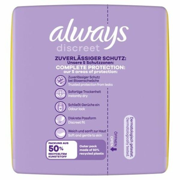 Rückseite der Always Discreet Packung. Text: ZUVERLÄSSIGER SCHUTZ, COMPLETE PROTECTION, 50% recyceltem Kunststoff, dermatologisch getestet.