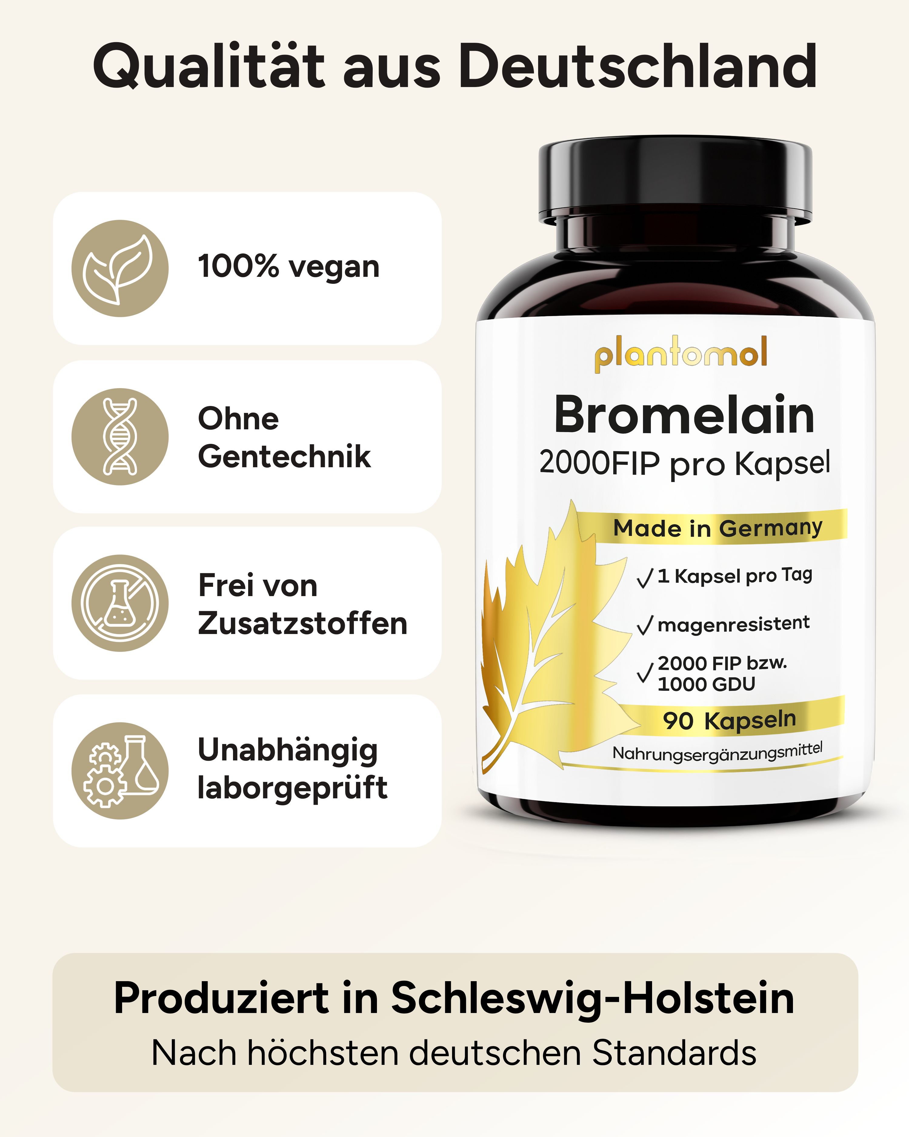 Produktflasche mit Text: plantomol Bromelain 2000FIP pro Kapsel. 100% vegan, ohne Gentechnik, frei von Zusatzstoffen, laborgeprüft.